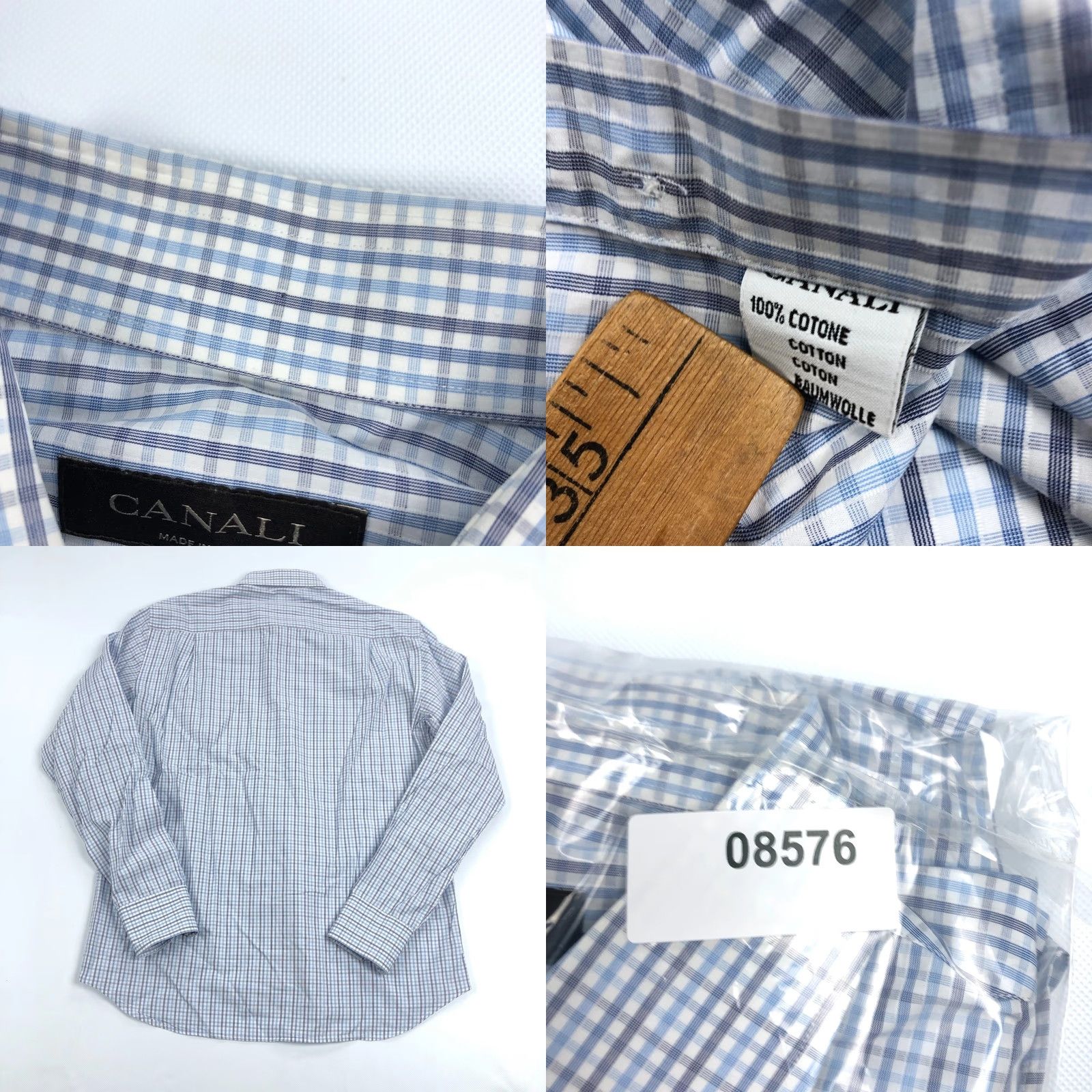 Canali Canali Dress Shirt 16 41 Blue Gray Gingham Long Sleeve Button Collar Men’s 100 Cotton Made in Italy Regular Fit Size 42R - 8 Thumbnail