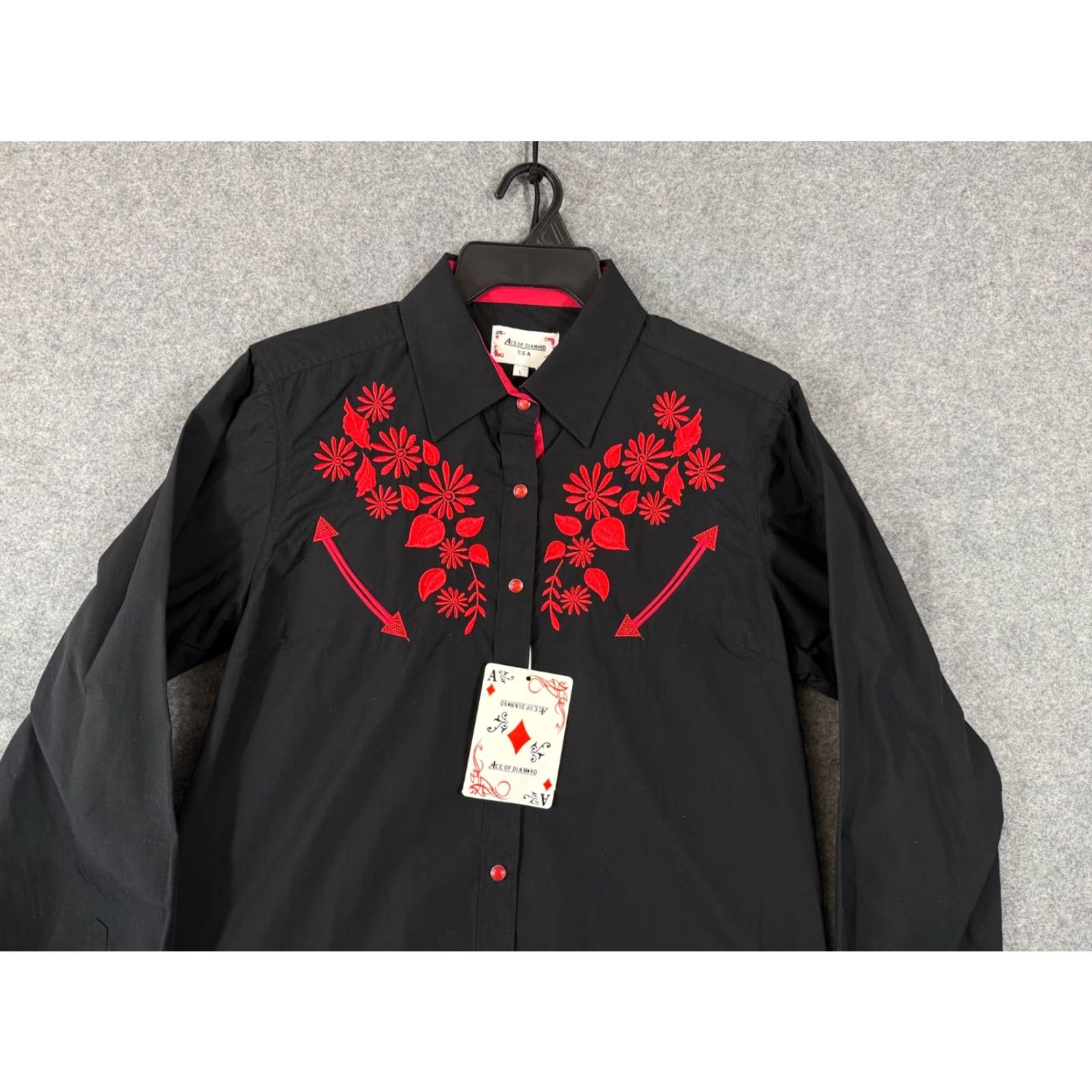 Vintage Ace of Diamond Western Shirt Womens L Black Floral Embroidered Pearl Snap NWT Size L / US 10 / IT 46 - 2 Thumbnail