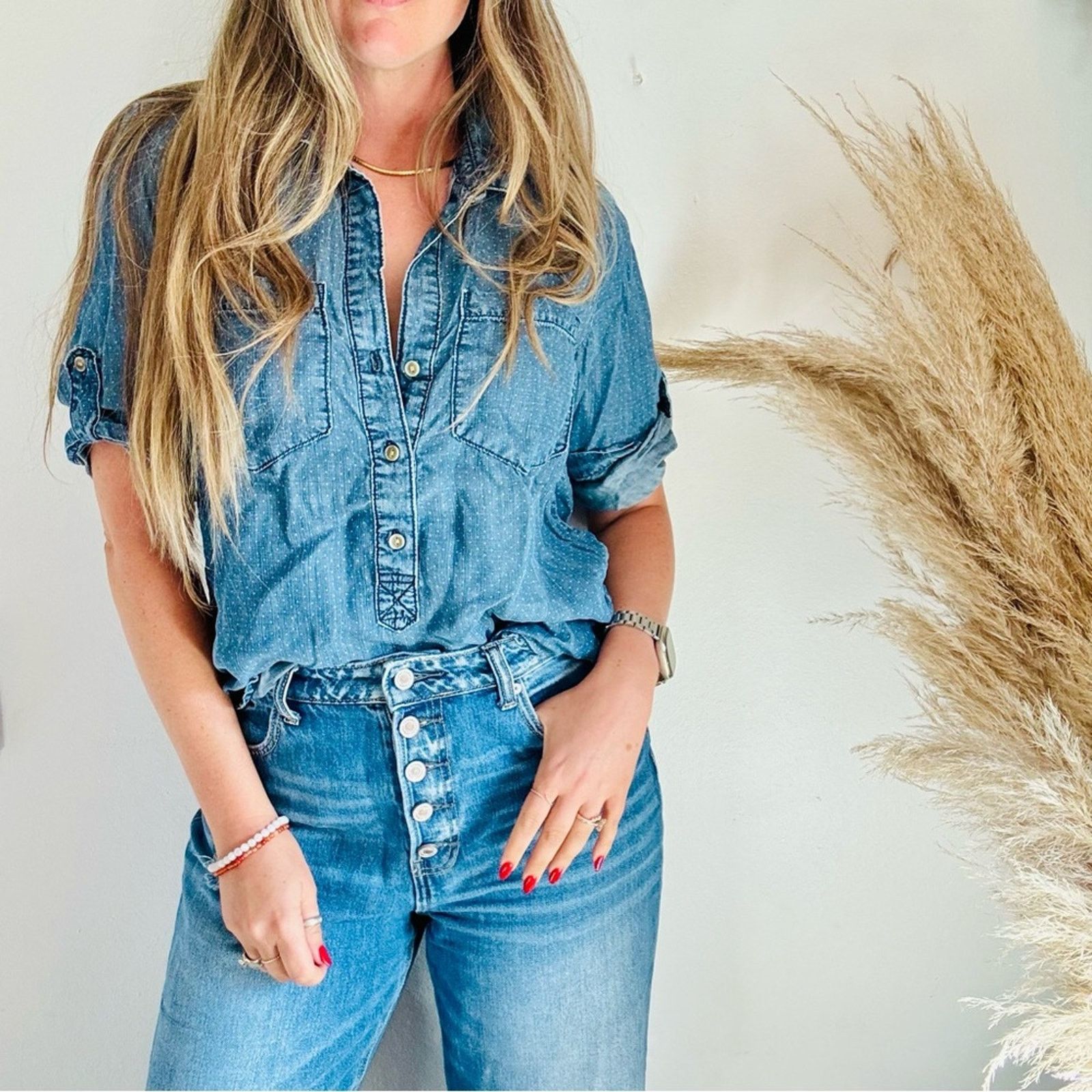 ANTHROPOLOGIE Blue Denim Dot Popover $98 Blouse Shirt Top