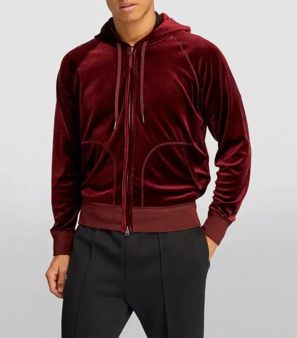 Tom Ford o1w1db10225 TFJ327 Velvet Zipped Hoodie in Red Size US L / EU 52-54 / 3 - 2 Thumbnail