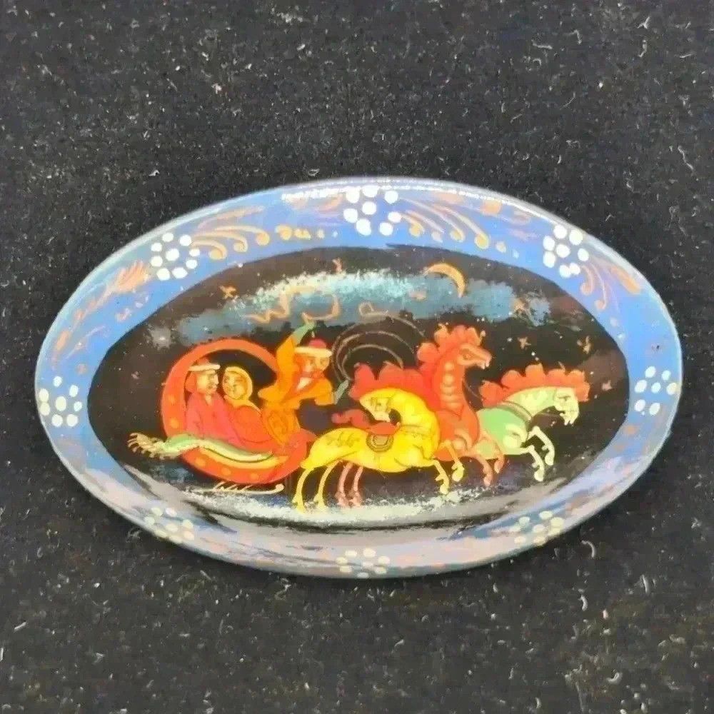 Vintage Russian Wooden Brooch Hand Painted Horses with Carriage sig Size ONE SIZE - 1 Thumbnail
