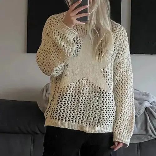 Y2K Distressed Crochet Star Knitted Sweater
