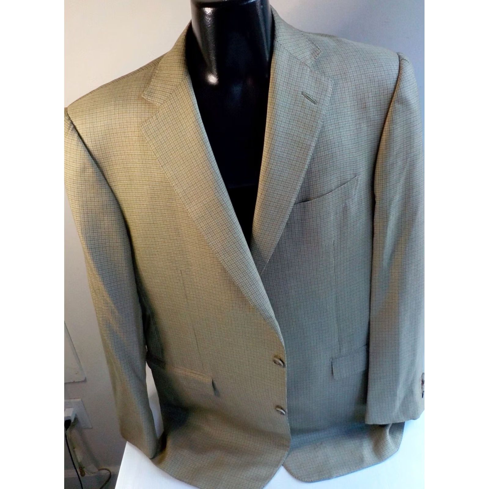 Ermenegildo Zegna VINTAGE Ermenegildo Zegna Blazer Silk Wool 2 Button Check Single-Breasted Long Beige Pale Blue Ivory Mens 46L Size 46R - 2 Thumbnail