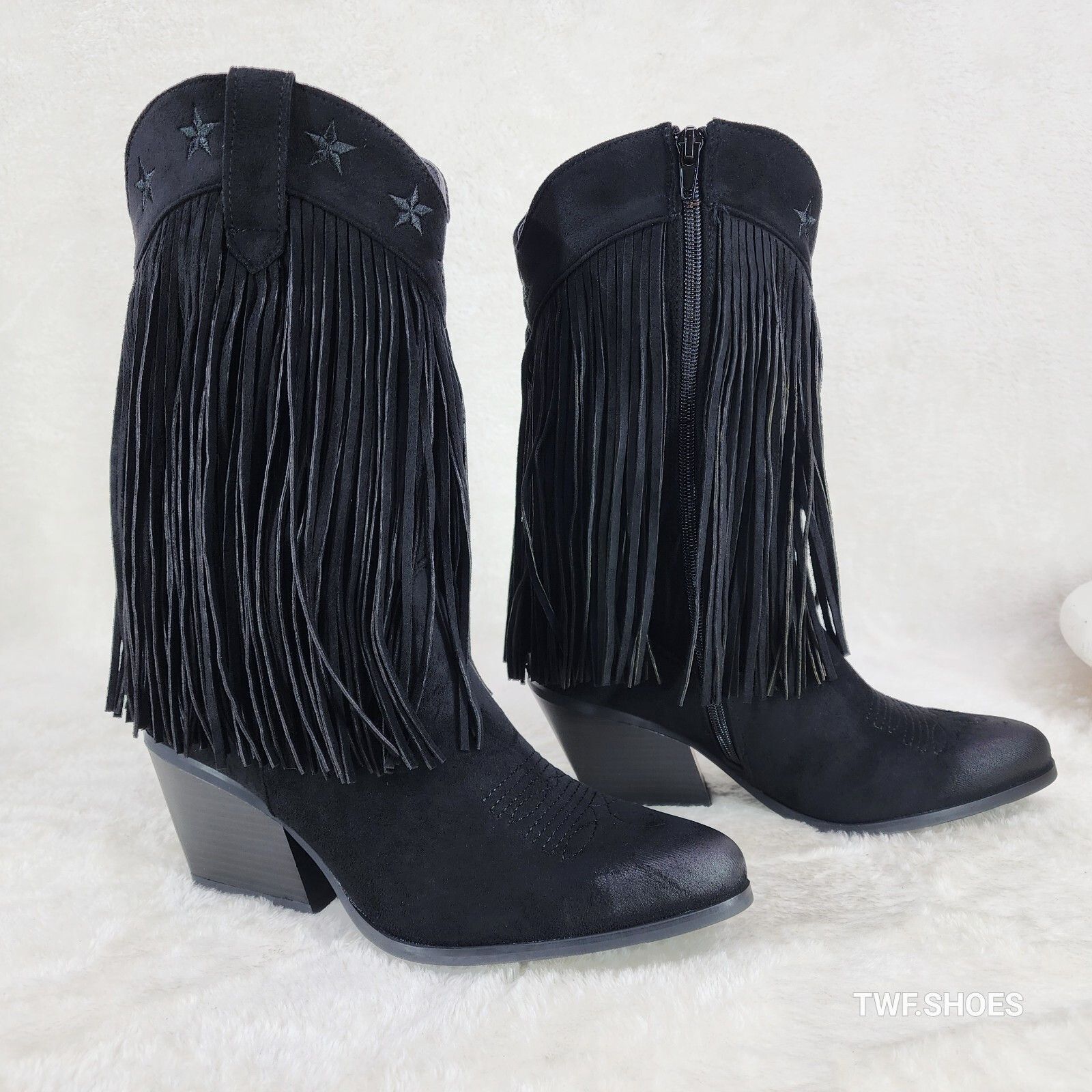 Other Dusty Trails Mid Calf Jet Black Fringe Country Western Cowgi Size US 11 / IT 41 - 4 Thumbnail