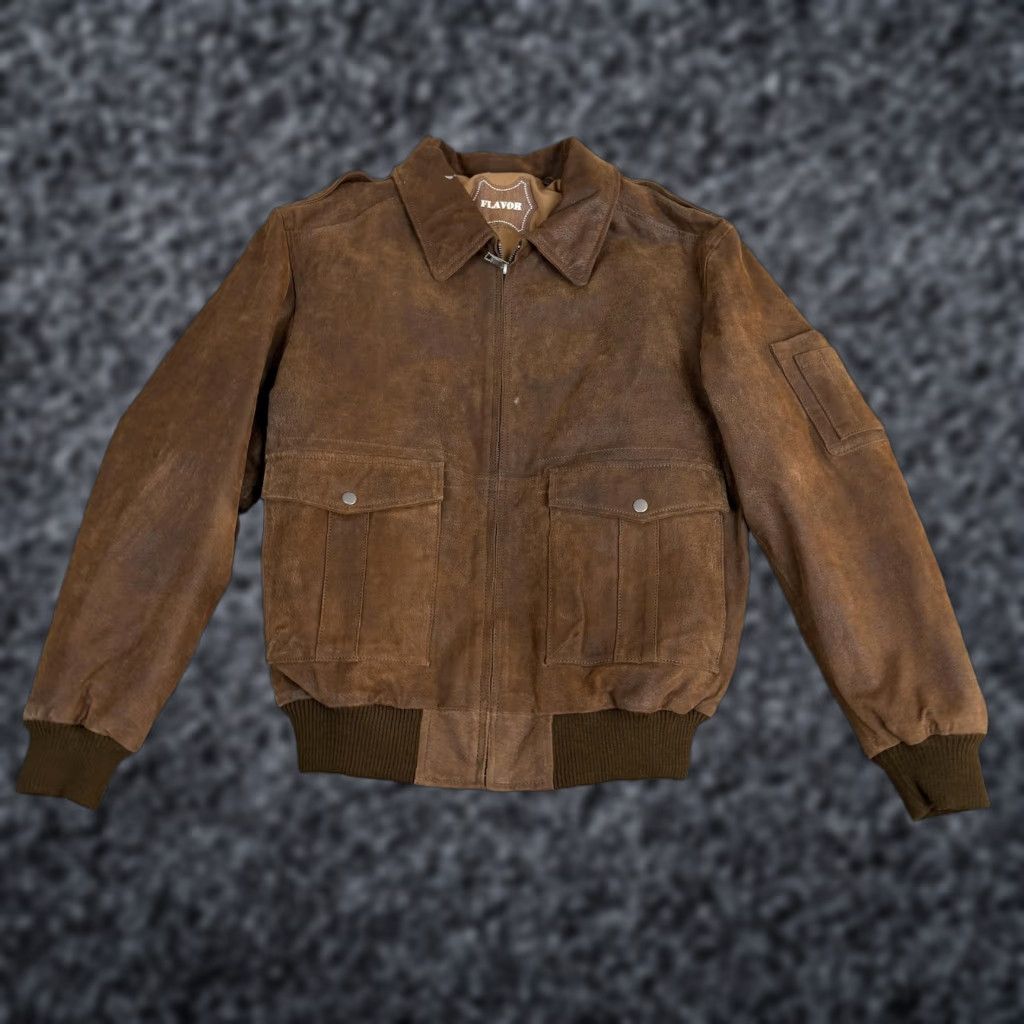 Vintage FLAVOR Jacket Mens Medium Brown Leather Bomber USA Flag Lined Full Zip Ribbed Size US M / EU 48-50 / 2 - 1 Thumbnail