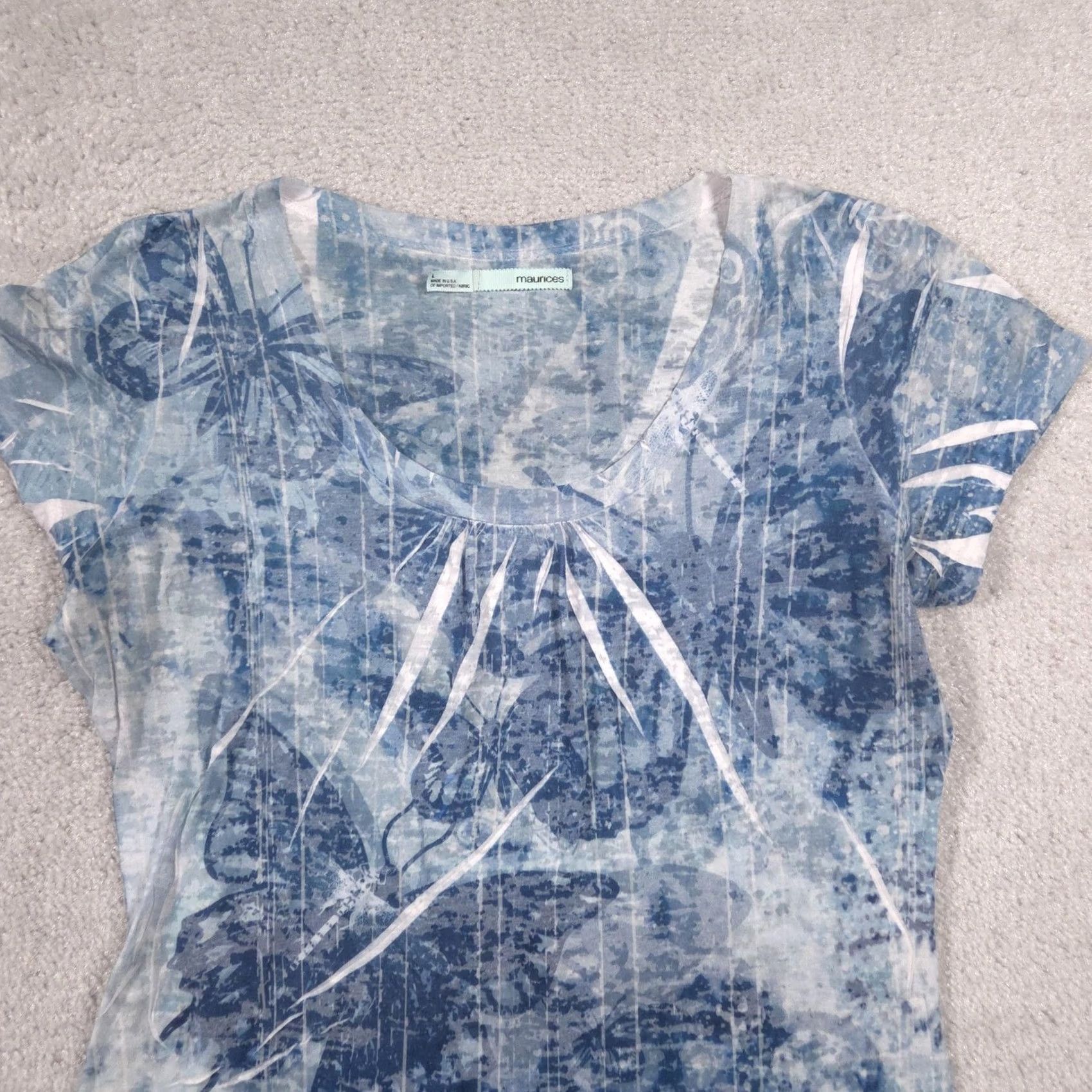 Vintage Maurices Shirt Womens L Blue Butterfly Floral Scoop Neck Short Sleeve Tee Top Size L / US 10 / IT 46 - 3 Thumbnail