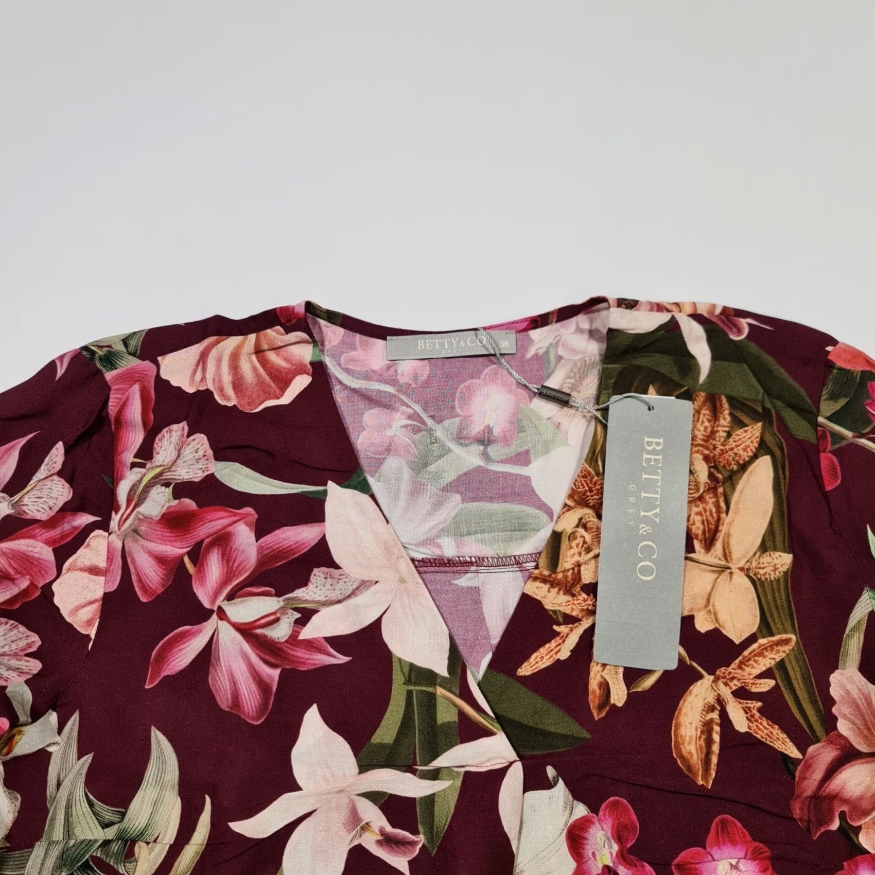 CO Betty & Co Womens Blouse Burgundy Red 12 UK Floral 3/4 Sleeves Top Size XL / US 12-14 / IT 48-50 - 2 Thumbnail