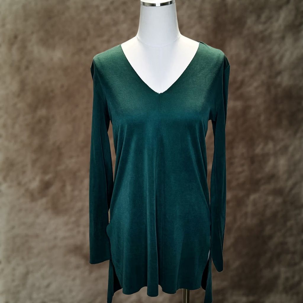 Vintage Trouve Dark Green Tunic S V-Neck Long Sleeve Slit High Low Blouse Women Regular Pattern Solid Vintage: No Size S / US 4 / IT 40 - 1 Thumbnail