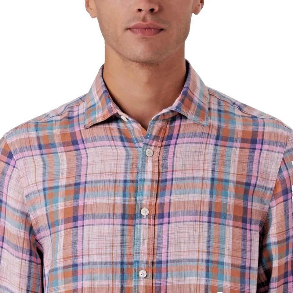 Bugatchi Men's Julian Madras Check Long Sleeve Linen Shirt N