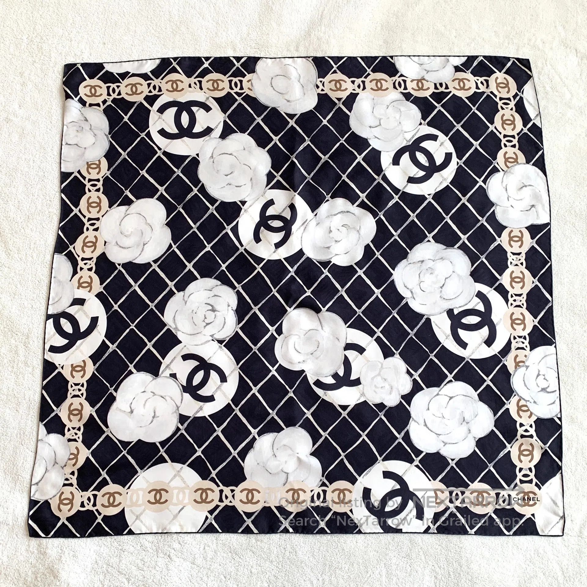Chanel Chanel Black Diamond Pattern Camellia Printed Silk Scarf| Size ONE SIZE - 1 Thumbnail
