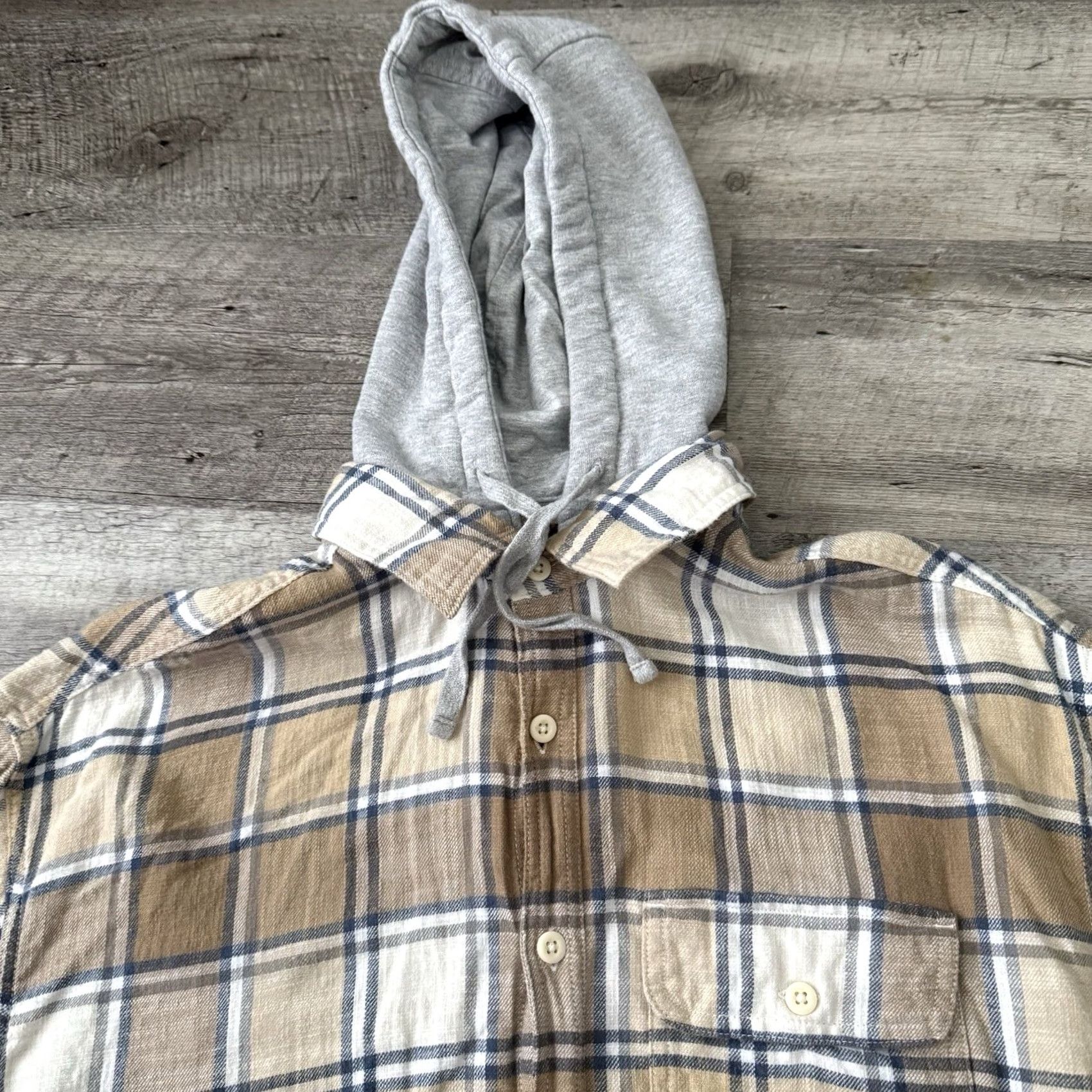 American Eagle Outfitters American Eagle Outfitters Hooded Flannel Shirt Mens M Plaid Removable Hood Super Soft Beige 2-in-1 Casual Cabin Core Size US M / EU 48-50 / 2 - 6 Thumbnail