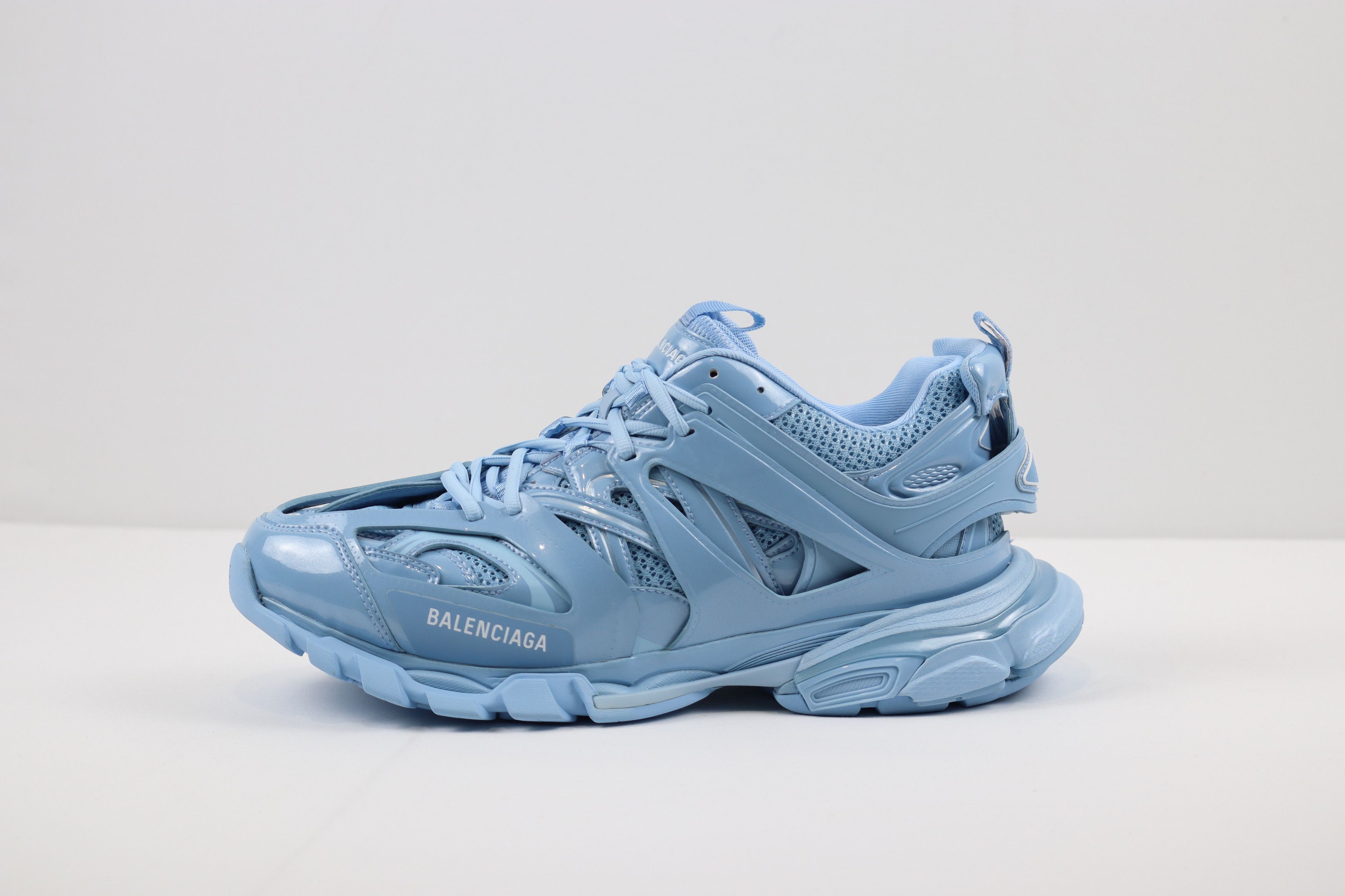 Balenciaga o1rshd10124 Metal Mesh Rubber Track Sneaker in Light Blue Size US 12 / EU 45 - 1 Thumbnail