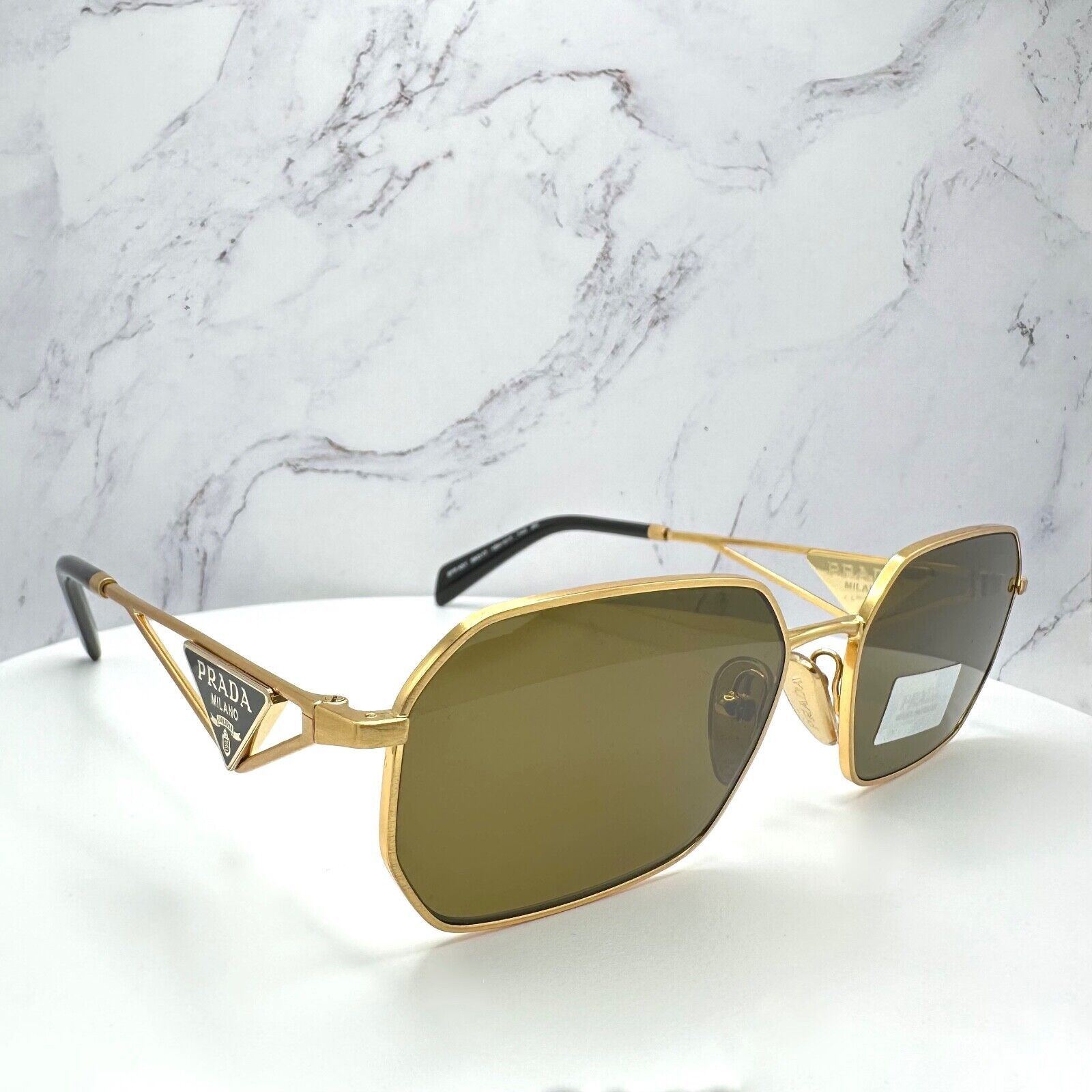 New Prada Sunglasses Gold Metal Black Plaque Triangle Logo
