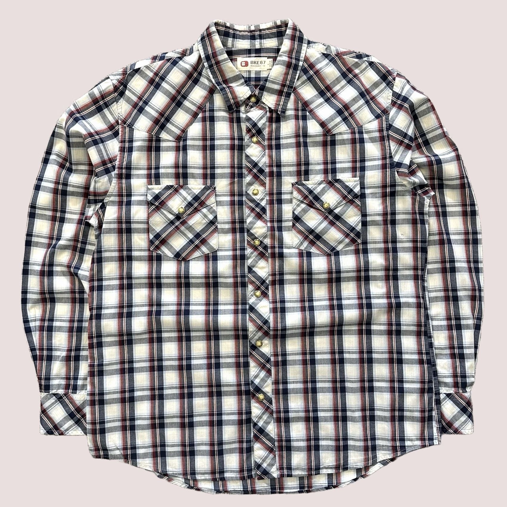 Vintage BKE 67 Pearl Snap Shirt Mens L Western Long Sleeve Cotton Red Blue Plaid Buckle Size US L / EU 52-54 / 3 - 1 Thumbnail