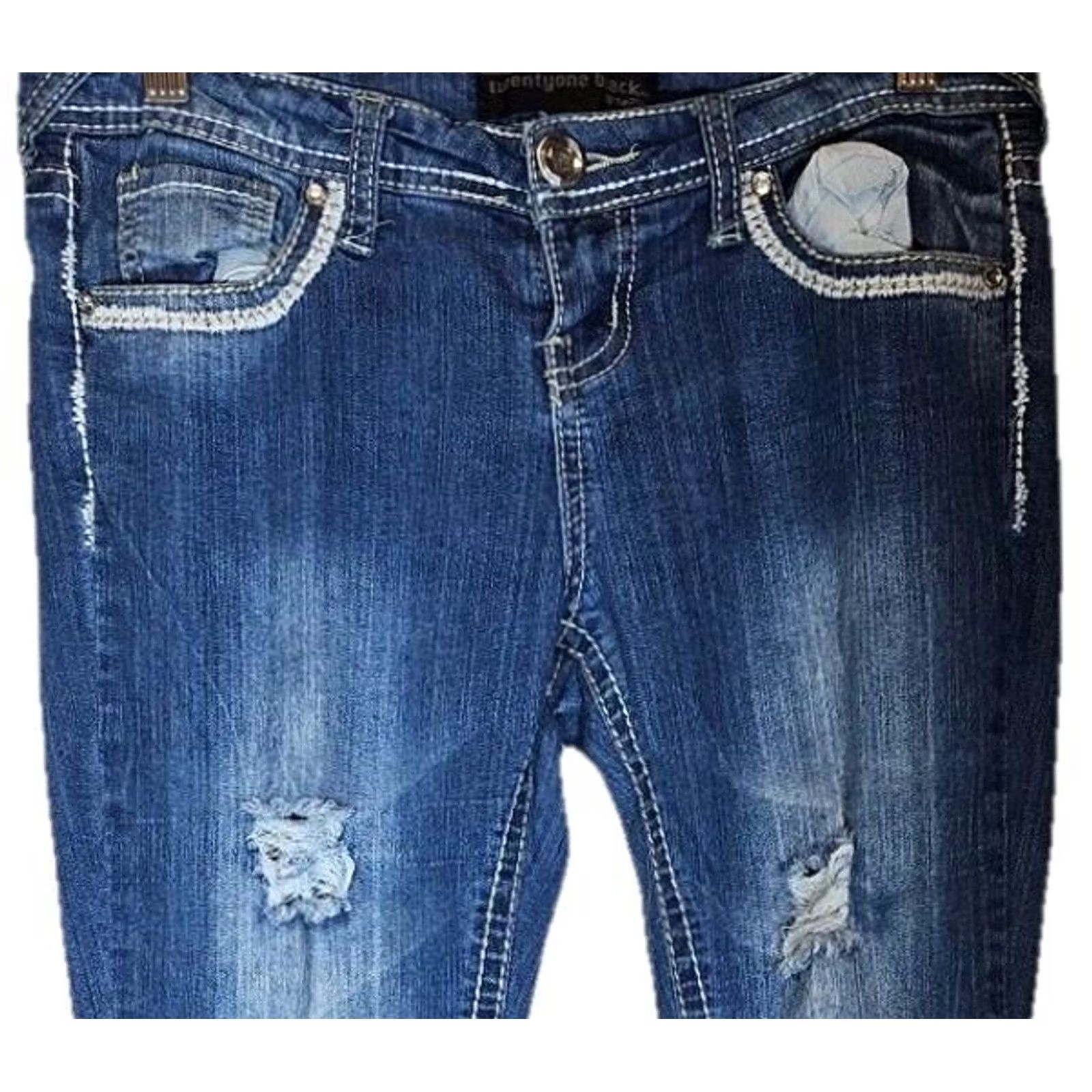 Vintage Twenty One Y2K Bootcut Jeans Distressed Rhinestone Button Flare Juniors Size 25" / US 0 / IT 36 - 2 Thumbnail