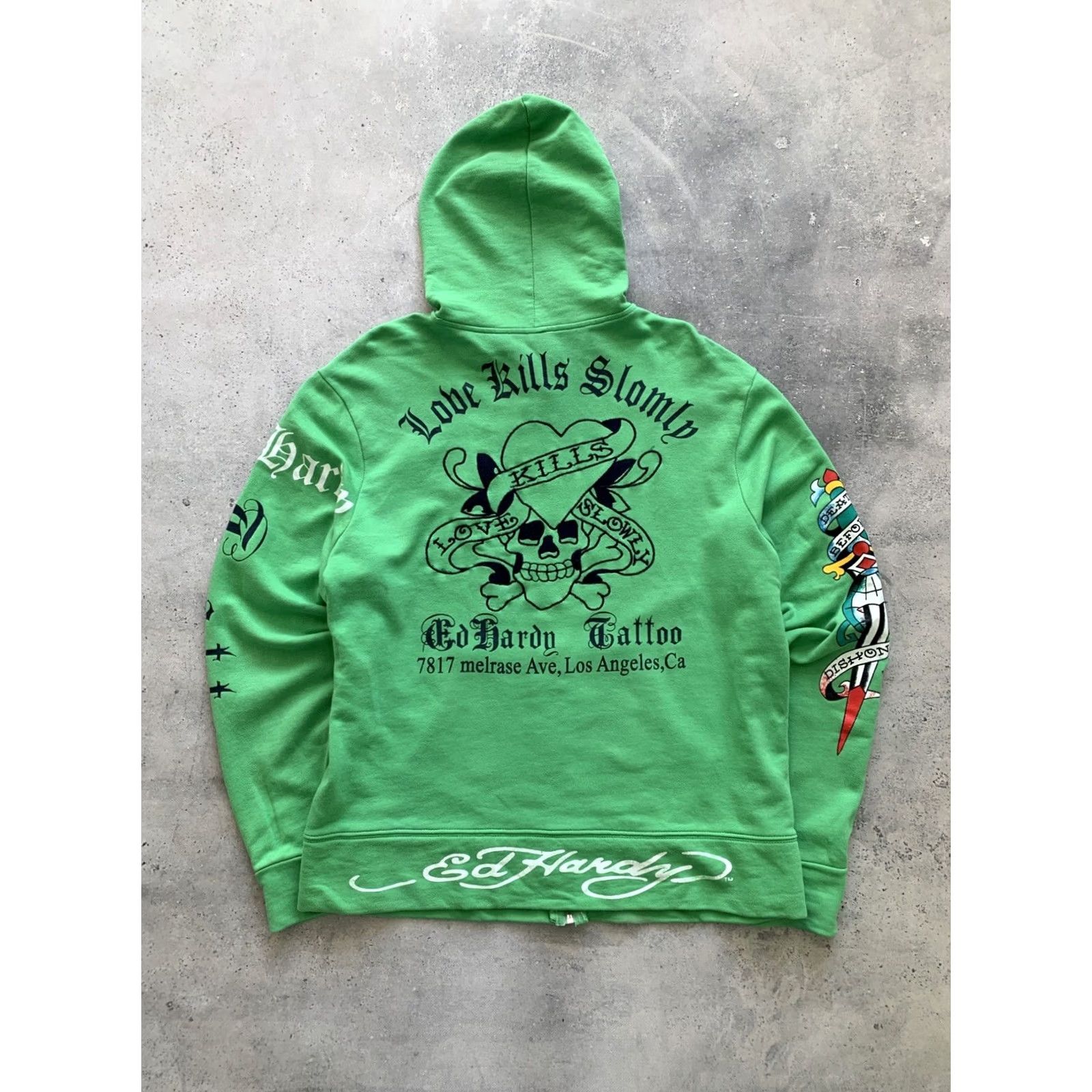 Ed Hardy ED HARDY Hoodie by Christian Audigier ZIP Green Men XL Crew Neck Full Zip Skull Tattoo Style Shirt Mens Size US XL / EU 56 / 4 - 2 Thumbnail