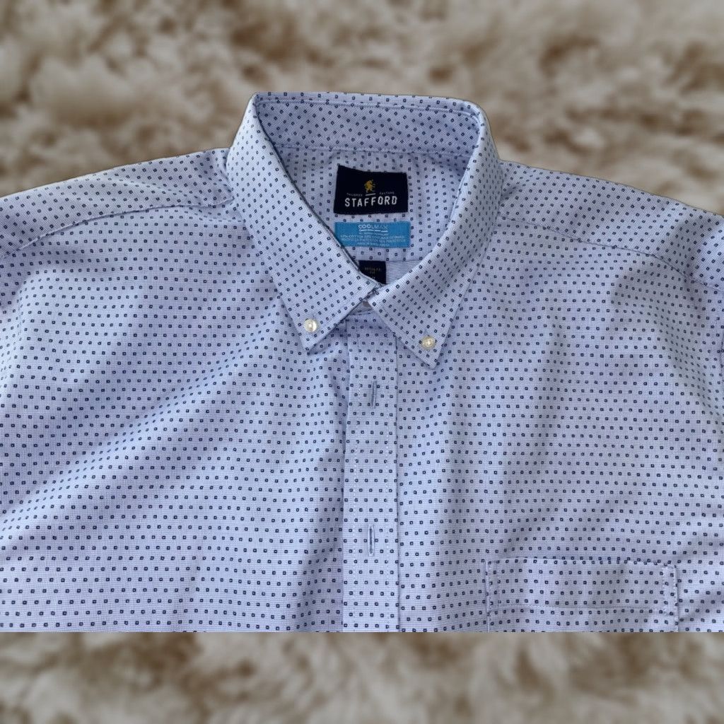 STAFFORD Cool Max Dress Shirt Mens XL 17 17.5 Blue White Geometric Long Sleeve Tailored