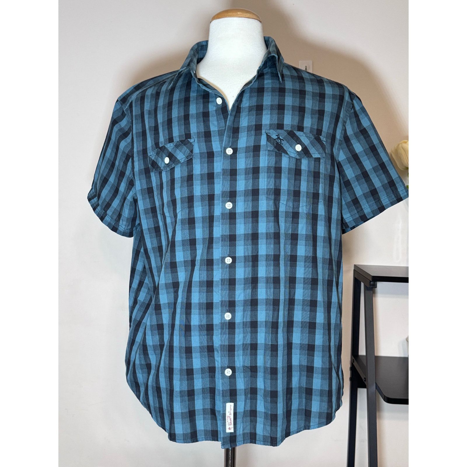 Original Penguin Original Penguin Button Up Shirt Blue Check Short Sleeve XL Size US XL / EU 56 / 4 - 1 Thumbnail