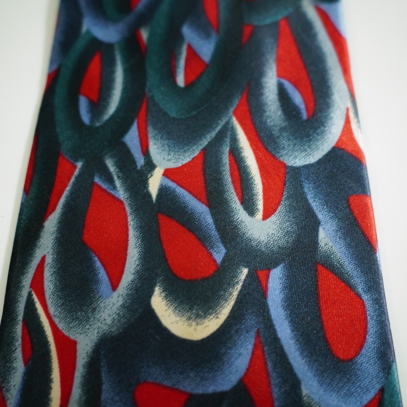 Designer Metro Red Blue Green Metallic Abstract Print Wide Silk Tie Size ONE SIZE - 2 Thumbnail