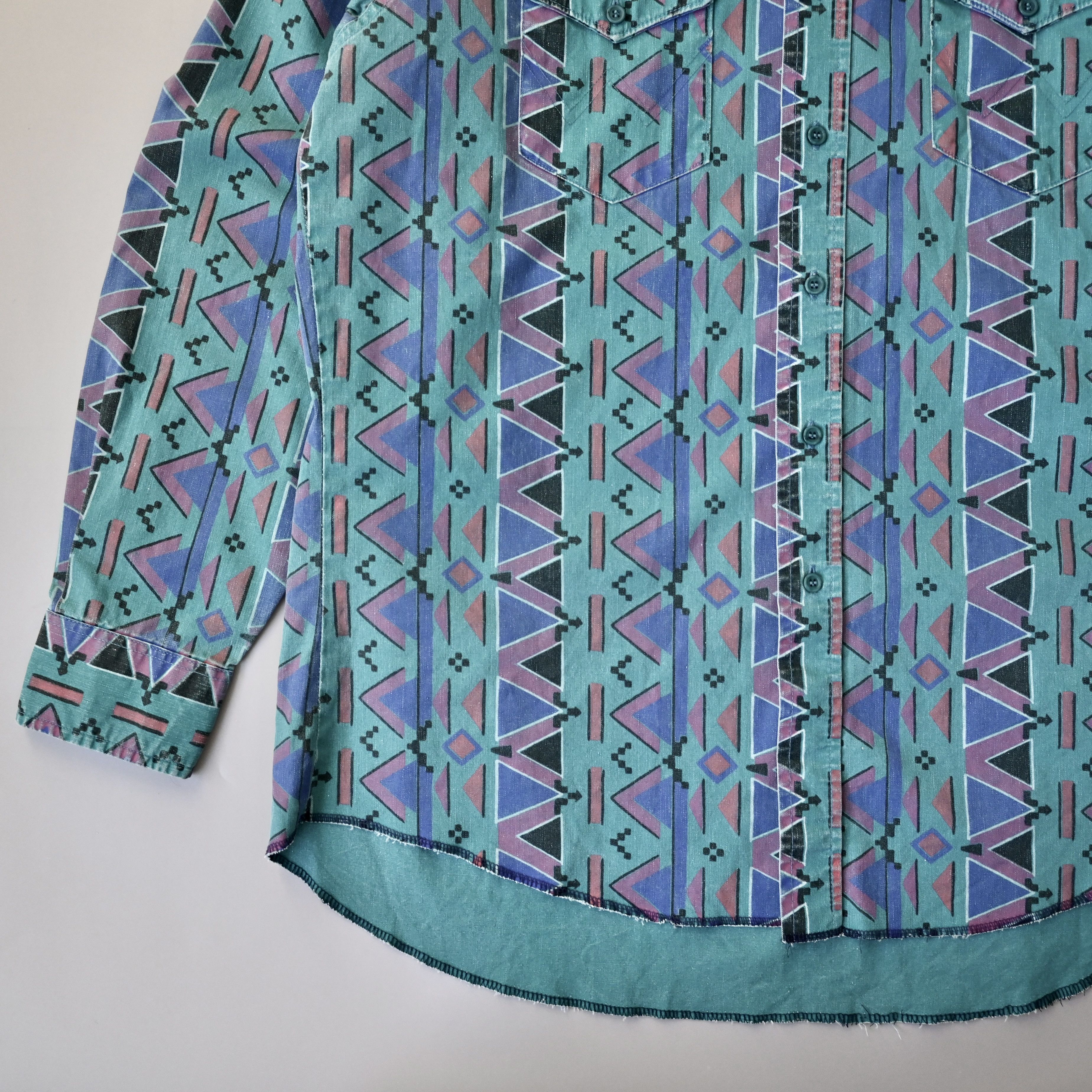 Vintage VTG 90s Wrangler Brushpopper shirt Aztec Navajo teal 17.5-35 Size US XL / EU 56 / 4 - 5 Thumbnail