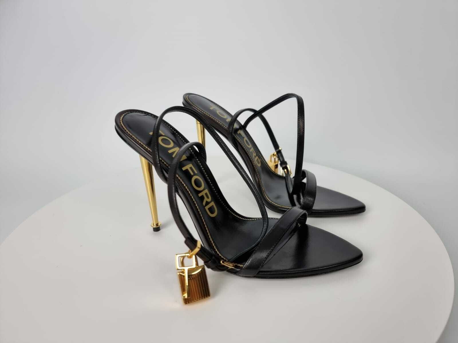 TOM FORD Black Shiny Leather Padlock Naked 105mm Sandals