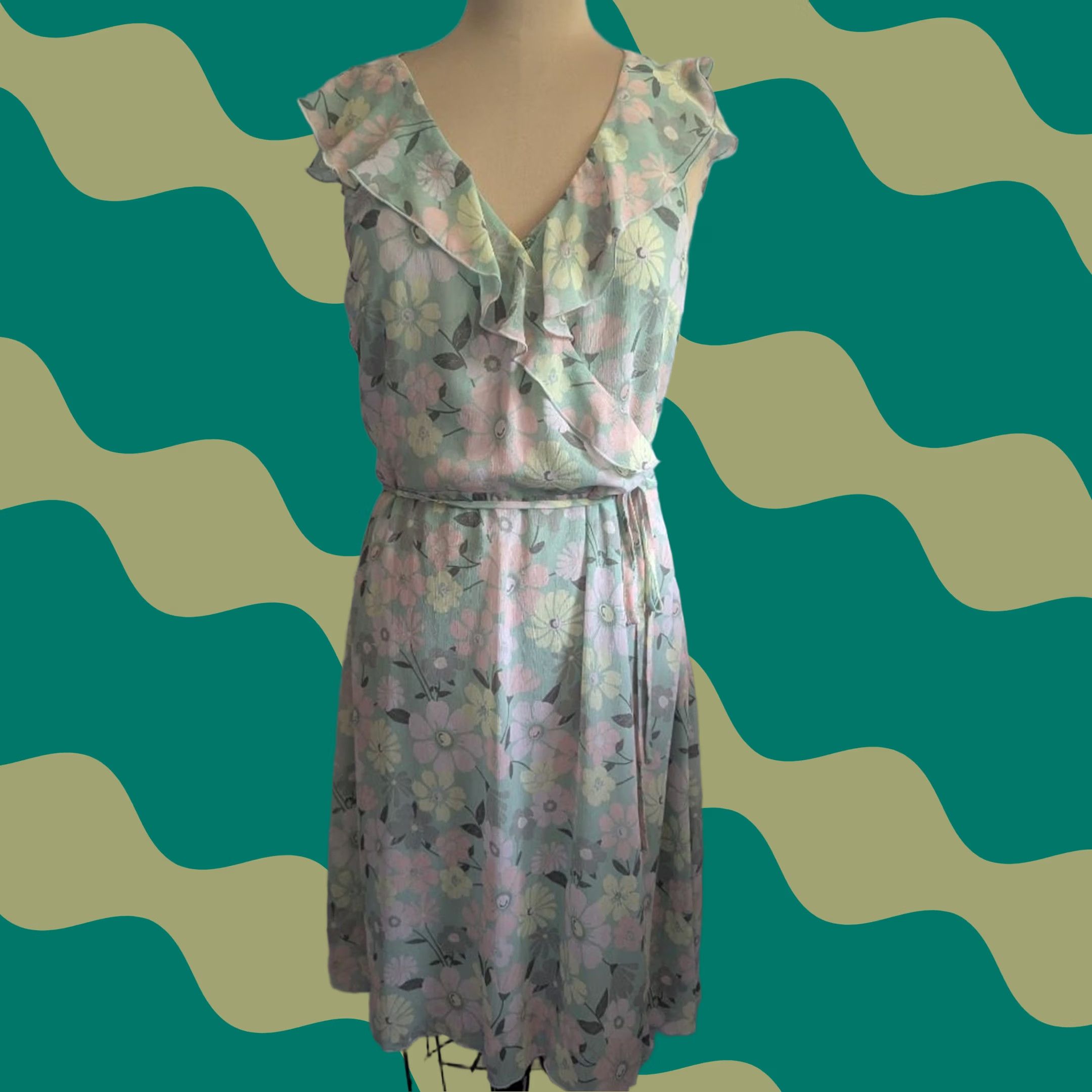 H&M Mint Floral Sundress Sleeveless Sz 12 Faux Wrap Ruffle V-Neck Chiffon Knee Length H&M Women Casual Summer Spring Blue Pattern Size XL / US 12-14 / IT 48-50 - 1 Thumbnail