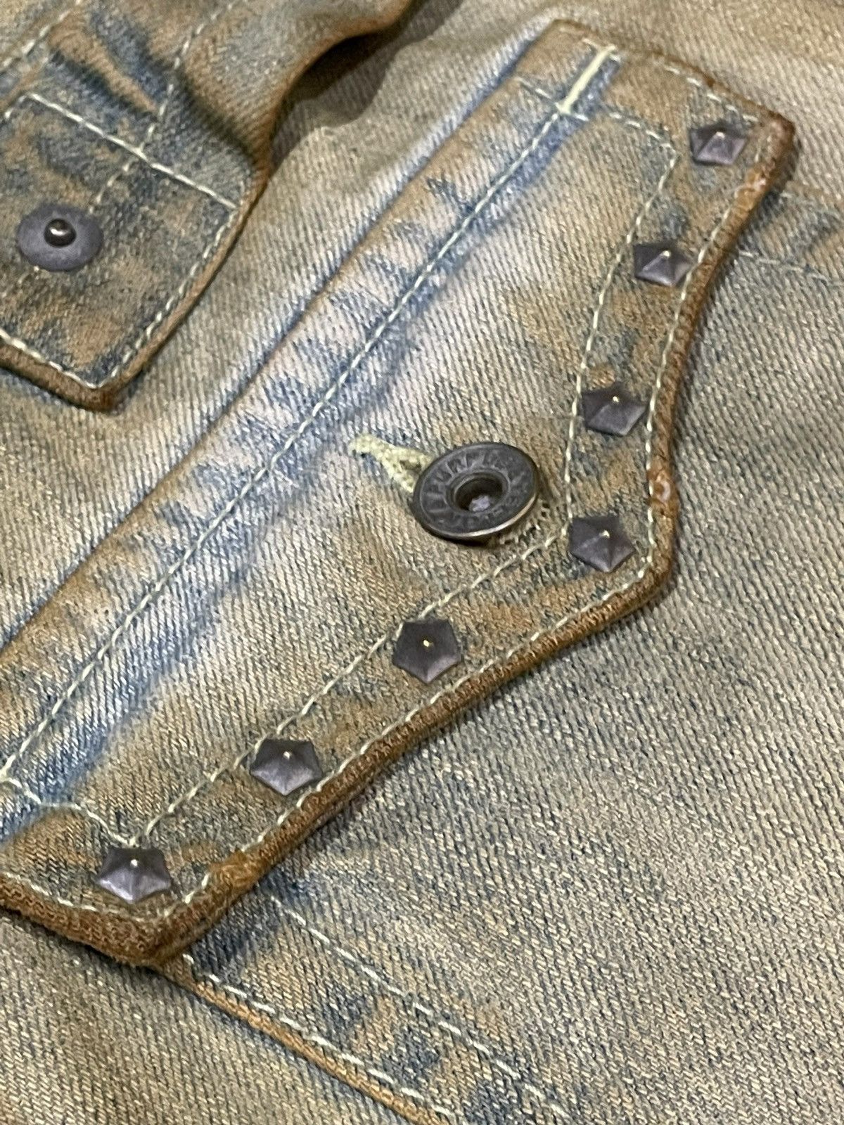 Japanese Brand × Le Grande Bleu (L.G.B.) × Purple Purple & Yellow Pierced Studded Double Knee Muddy Jeans Size US 30 / EU 46 - 17 Thumbnail