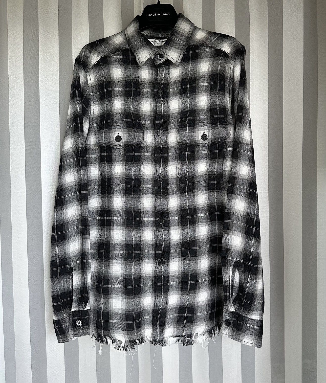 Hedi Slimane SAINT LAURENT 2016 Fringe Plaid Western Shirt 409942 