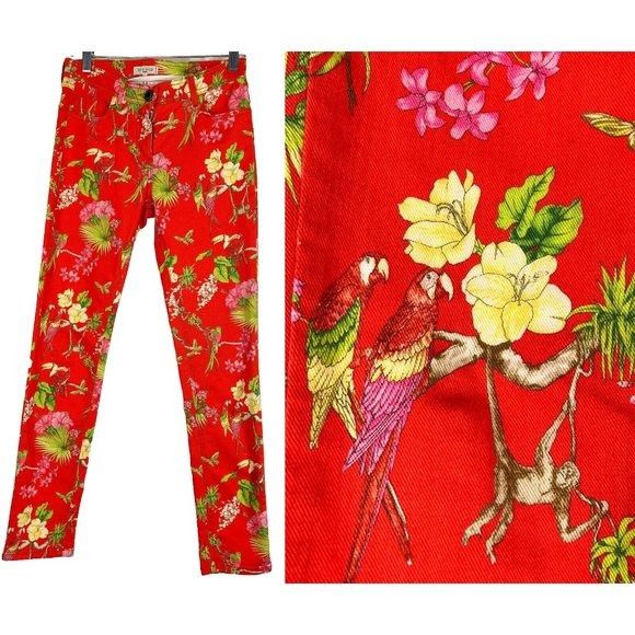 image of 26 Etro Milano Parrot Floral Bird Print Skinny Jeans Red, Women's