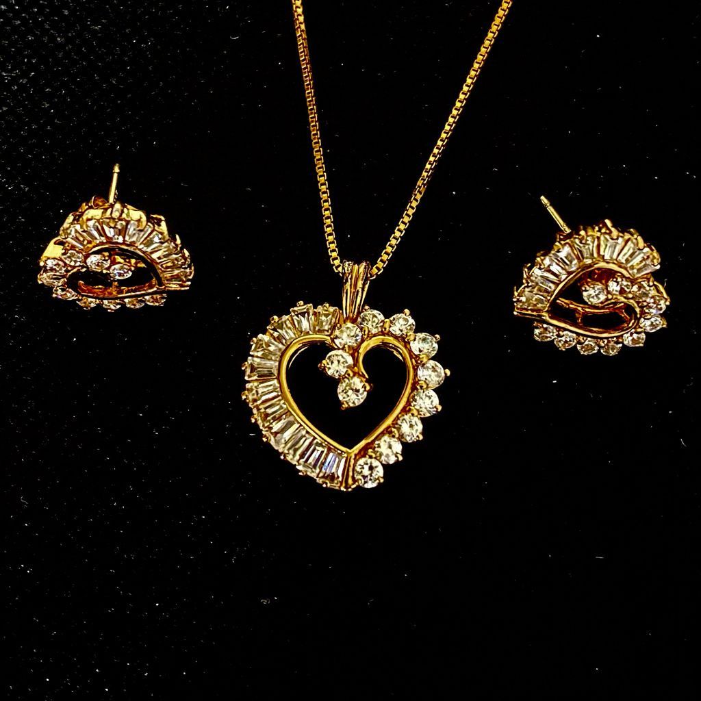 BV# Vermeil 925 Gold & Cz Heart 18” Necklace & Earrings