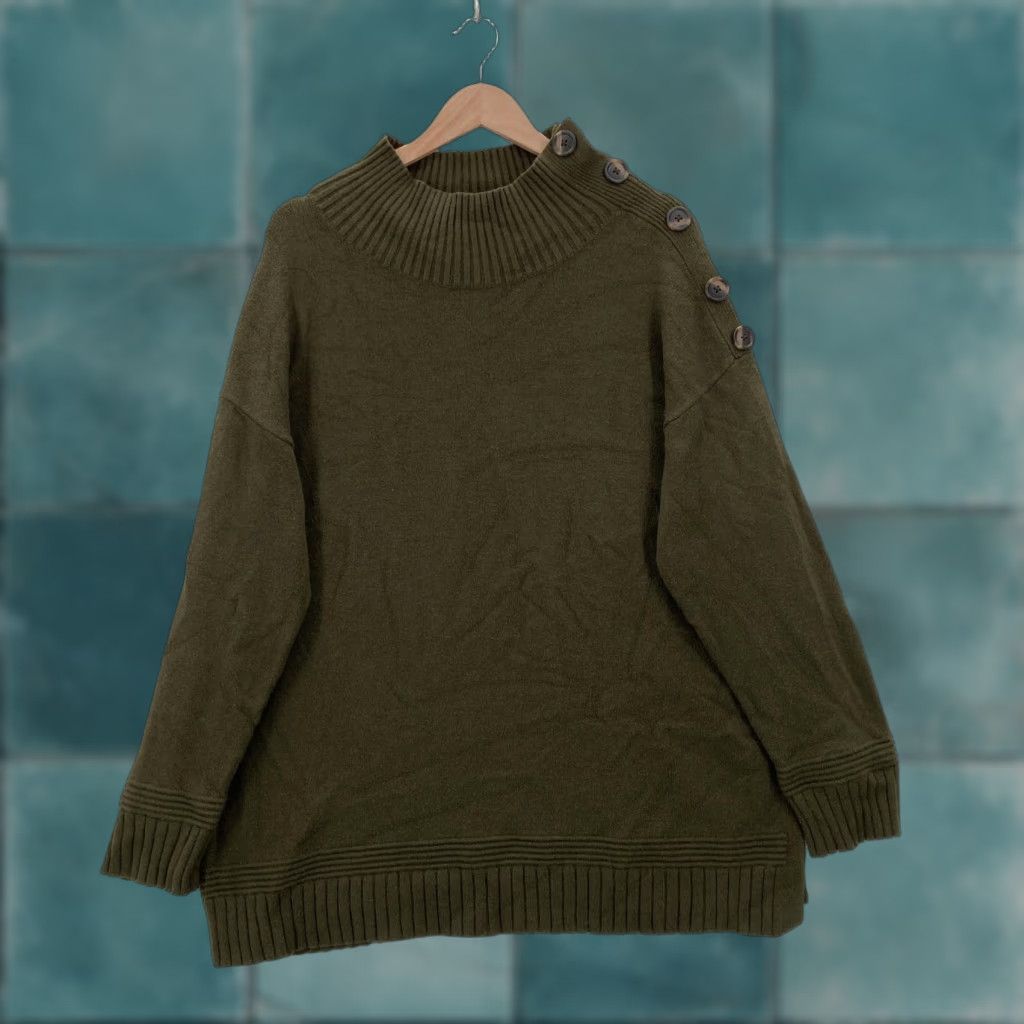 Anthropologie VINTAGE Anthropologie Sweater Womens XL Olive Button Shoulder Mock Neck Ribbed Pullover Size XL / US 12-14 / IT 48-50 - 1 Thumbnail