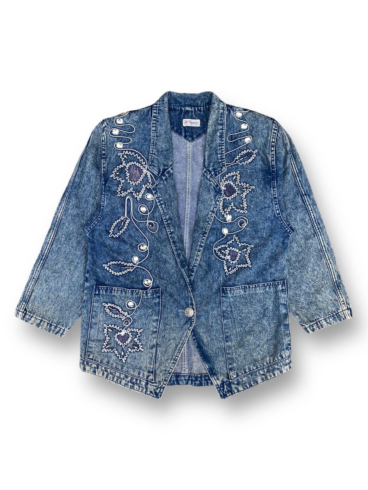 Japanese Brand × Vintage Vintage Denim Floral Embroidery Chore Jacket. #D5 Size L / US 10 / IT 46 - 1 Thumbnail