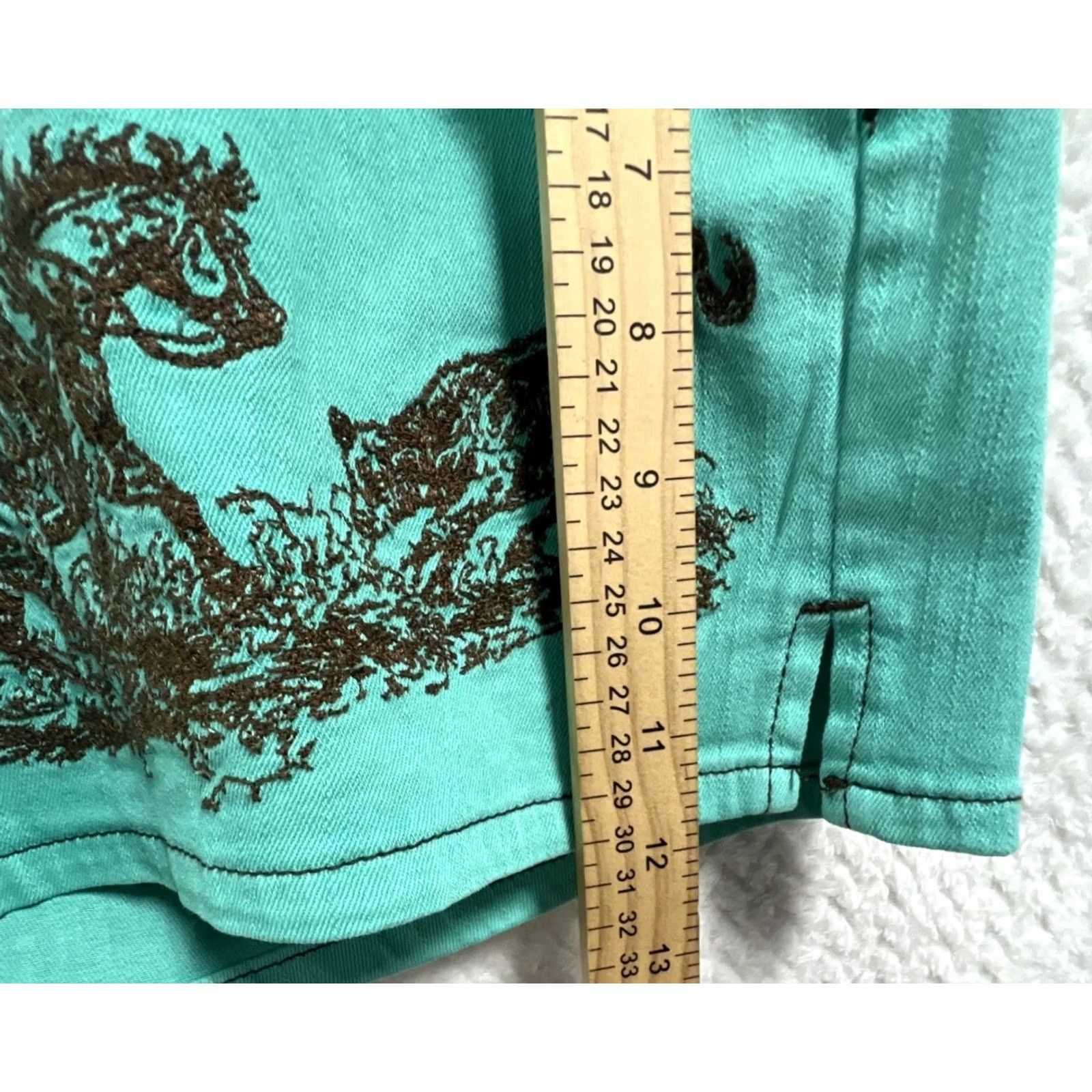 AQUA Sterling Kreek Shorts Womens L Aqua Denim Western Graphic Mid Rise Stretch Size 36" / US 14 / IT 50 - 5 Thumbnail