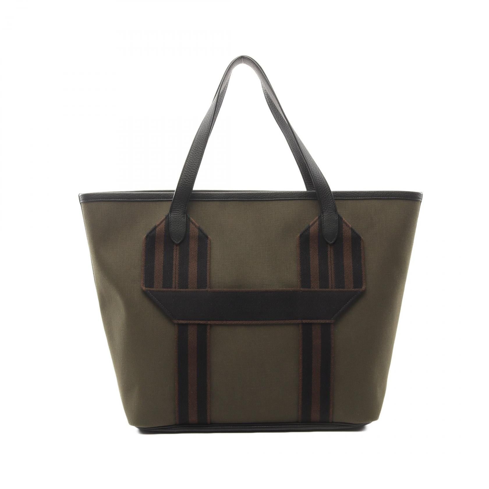 Hermes Hermes Parsangle Veil Bronze Noir Clemence Leather Shoulder Bag Tote Toile Military Khaki Green Black Silver Hardware U Stamp Size ONE SIZE - 1 Thumbnail
