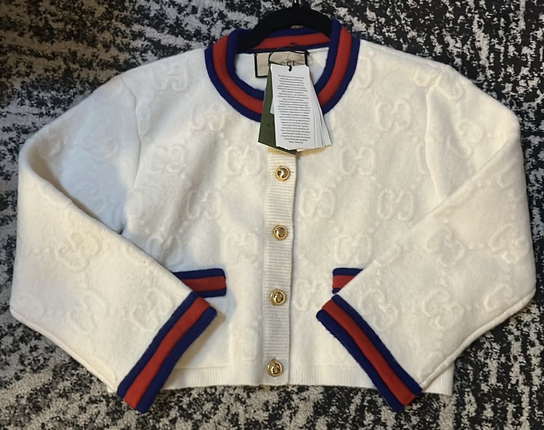 Gucci Gucci Felted GG Fine Wool Cardigan Ivory/Blue/Red Size M Size M / US 6-8 / IT 42-44 - 8 Thumbnail