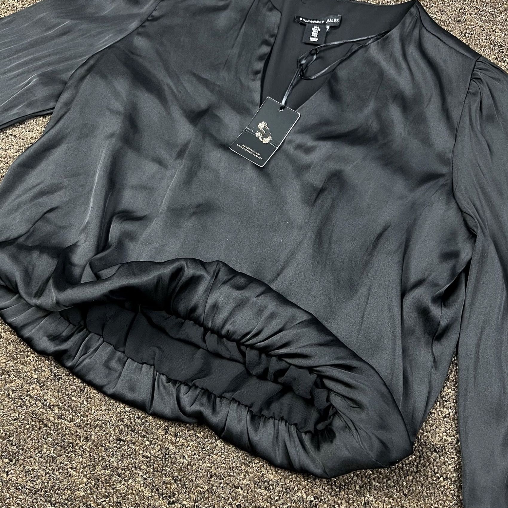 Vintage Sincerely Jules Blouse Shirt Cropped Satin Long Sleeve Black Sz Large Womens Size L / US 10 / IT 46 - 5 Thumbnail