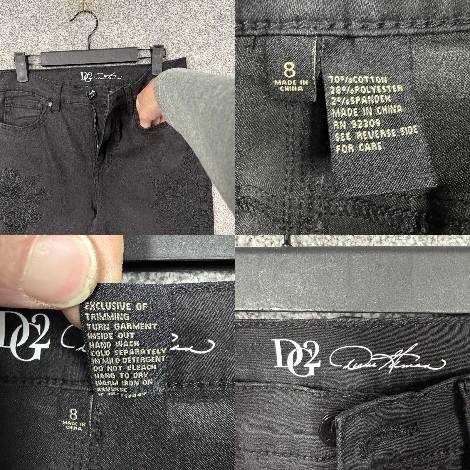 Denime DG2 by Diane Gilman Jeans Womens 8 29x29 Black Floral Embroidered Skinny Denim Jeans Size 30" / US 8 / IT 44 - 8 Thumbnail