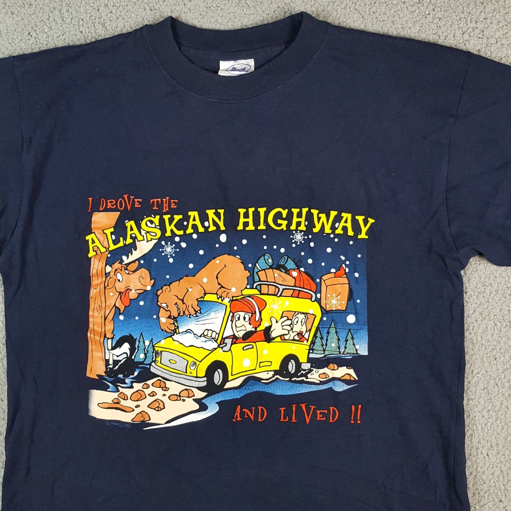 Vintage VINTAGE Alaskan Highway Cartoon Funny Christmas Men's T-Shirt Blue M Shirt Bear T Shirt Blue Size US M / EU 48-50 / 2 - 2 Thumbnail