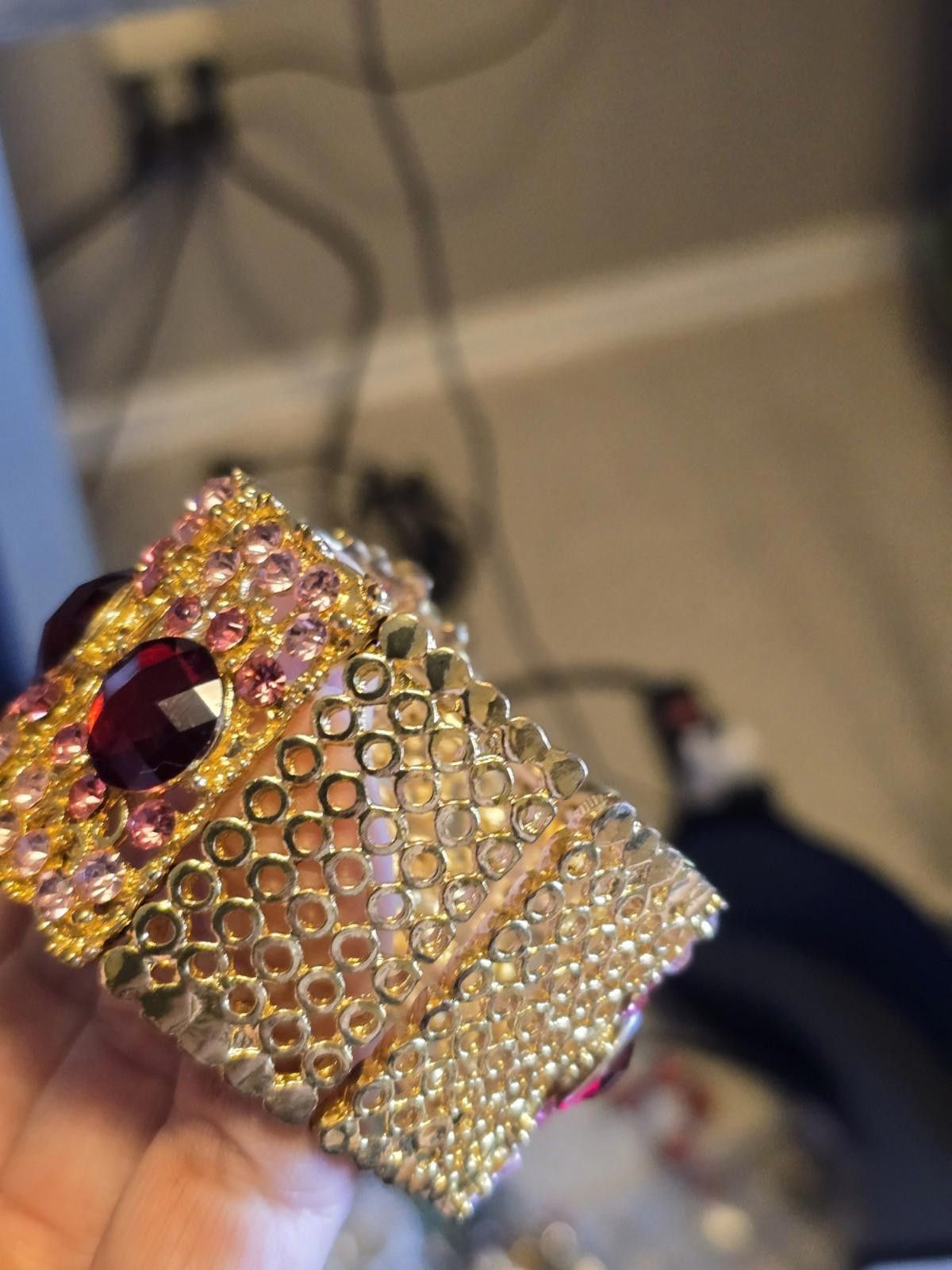 Pink Vintage Gold Tone Cuff Bracelet Pink/Red Rhinestones Baroque Size ONE SIZE - 6 Thumbnail