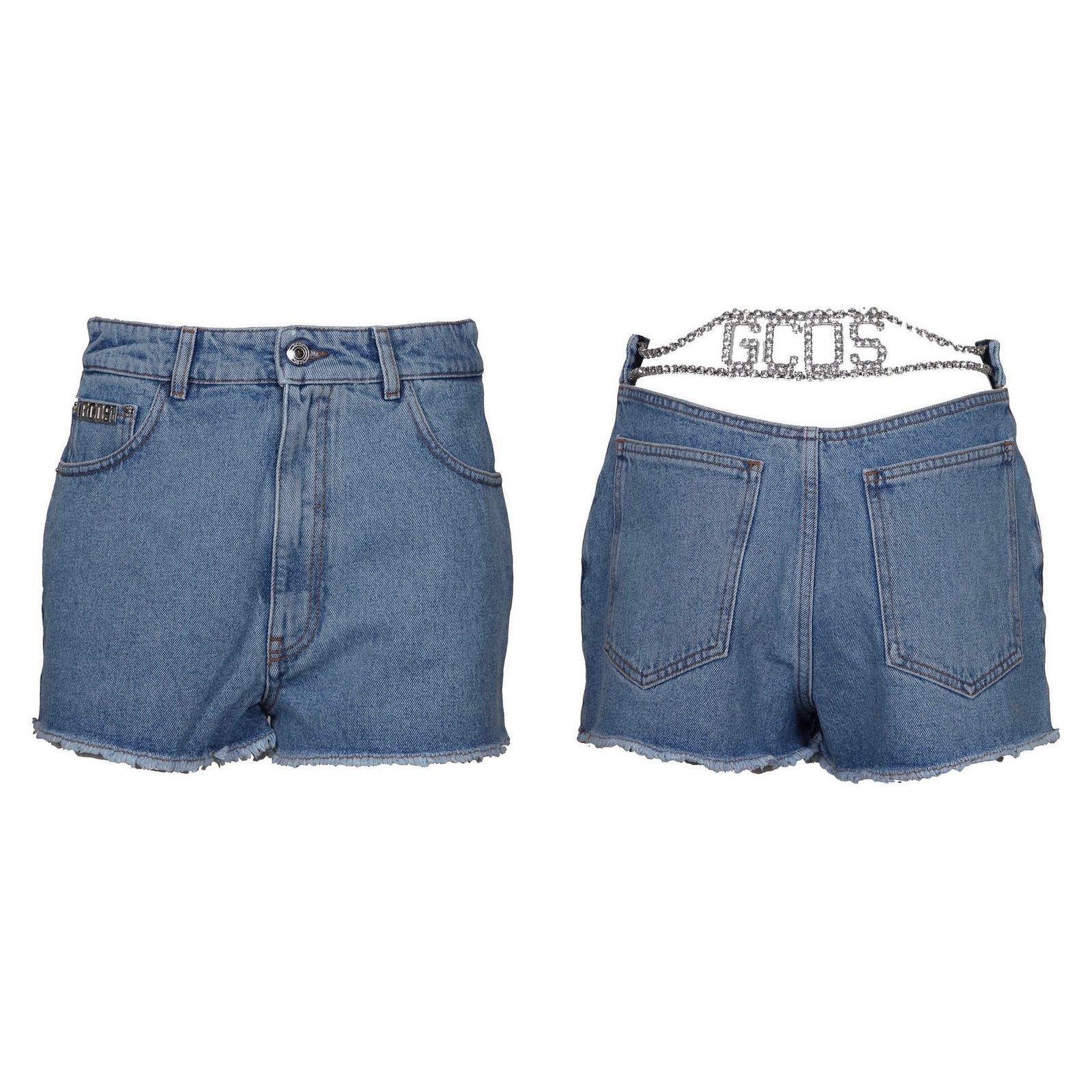 image of Gcds Bling High-Waisted Light Denim Shorts - 26W - NWT in Blue, Women's