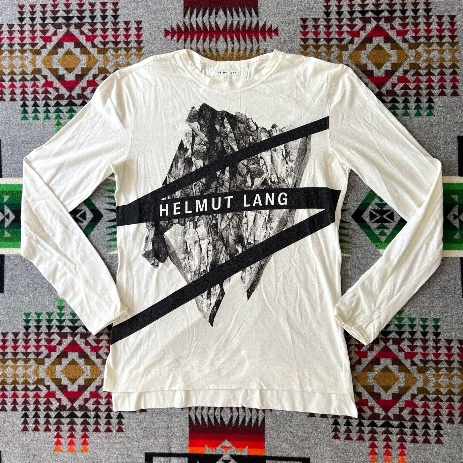 image of Helmut Lang Long Sleeve Glacial Print Tee T-Shirt Men’S Size Small Usa White C5, Men's