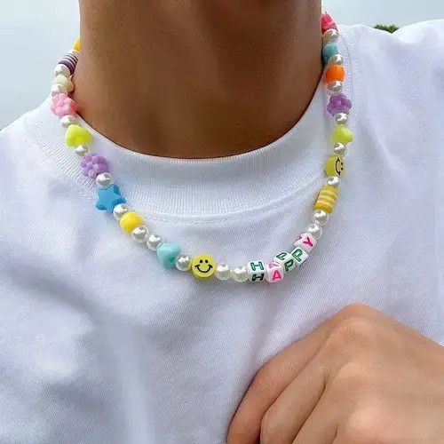 Jewelry HAPPY Smiley Face Bead Hippie Peace Pearl Rainbow Necklace Size ONE SIZE - 4 Thumbnail