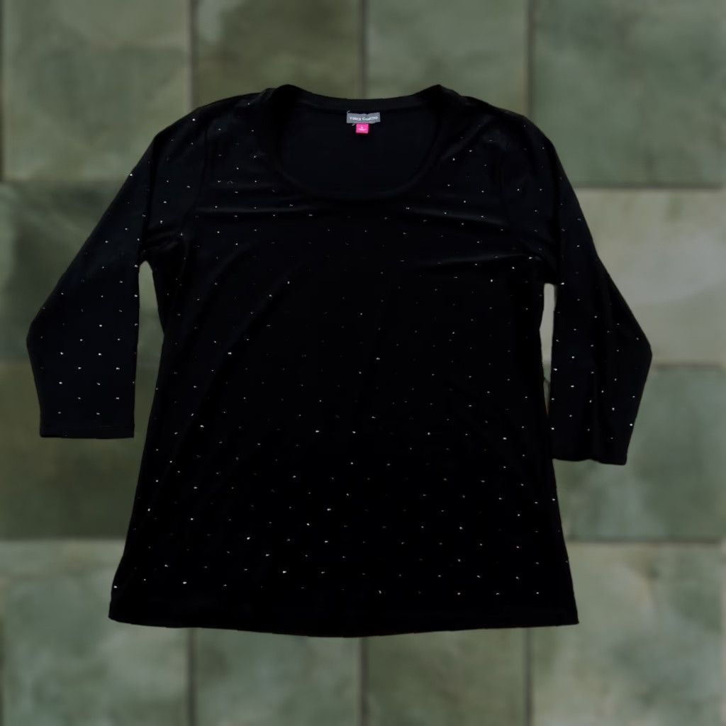 Vince Camuto Vince Camuto Women's Black Blouse Large 3/4 Sleeves Rhinestone Stretch Top Size L / US 10 / IT 46 - 1 Thumbnail