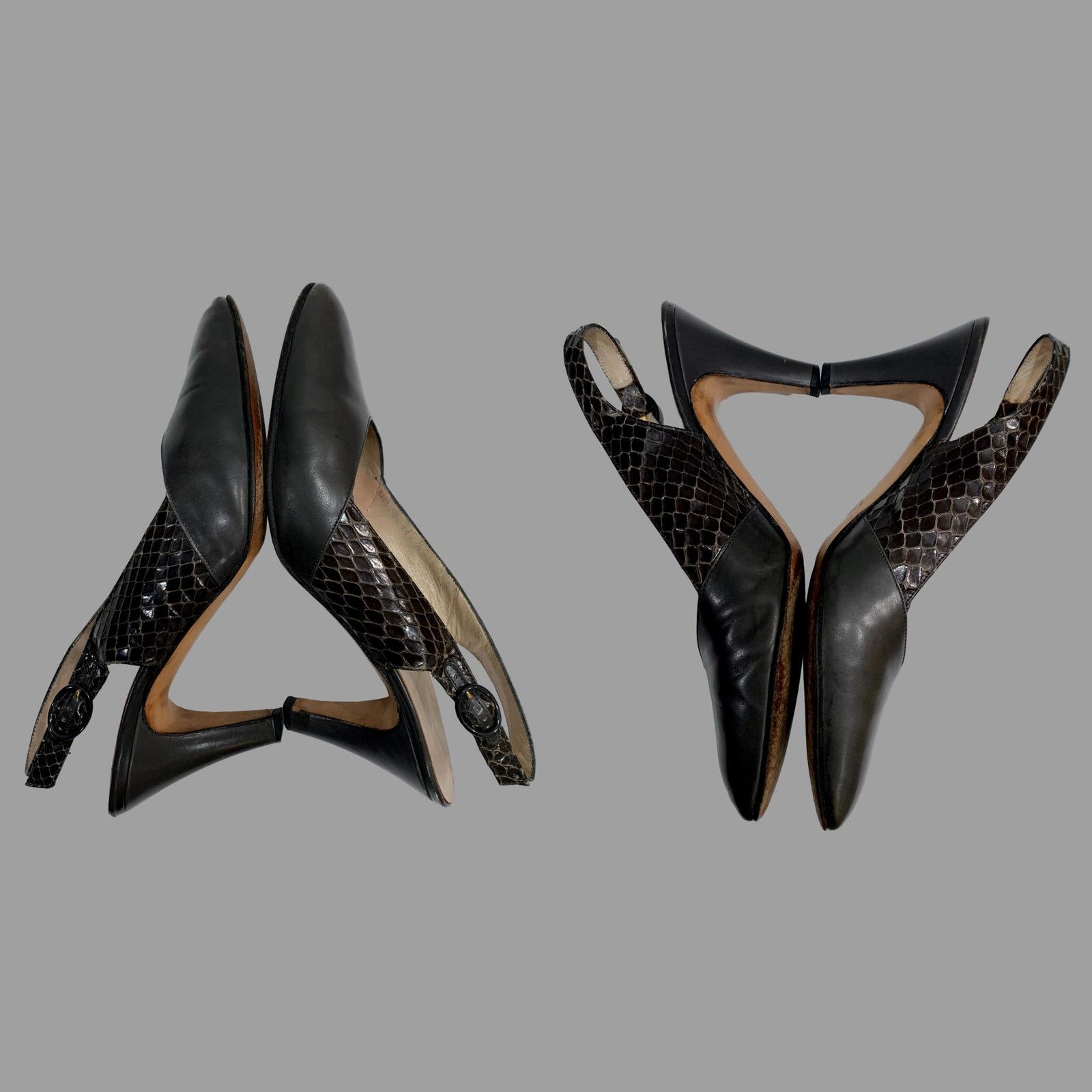 Genuine Leather × Salvatore Ferragamo × Vintage Vintage Ferragamo Dark Gray Leather & Snake Sling Backs | 6 Size US 6 / IT 36 - 6 Thumbnail