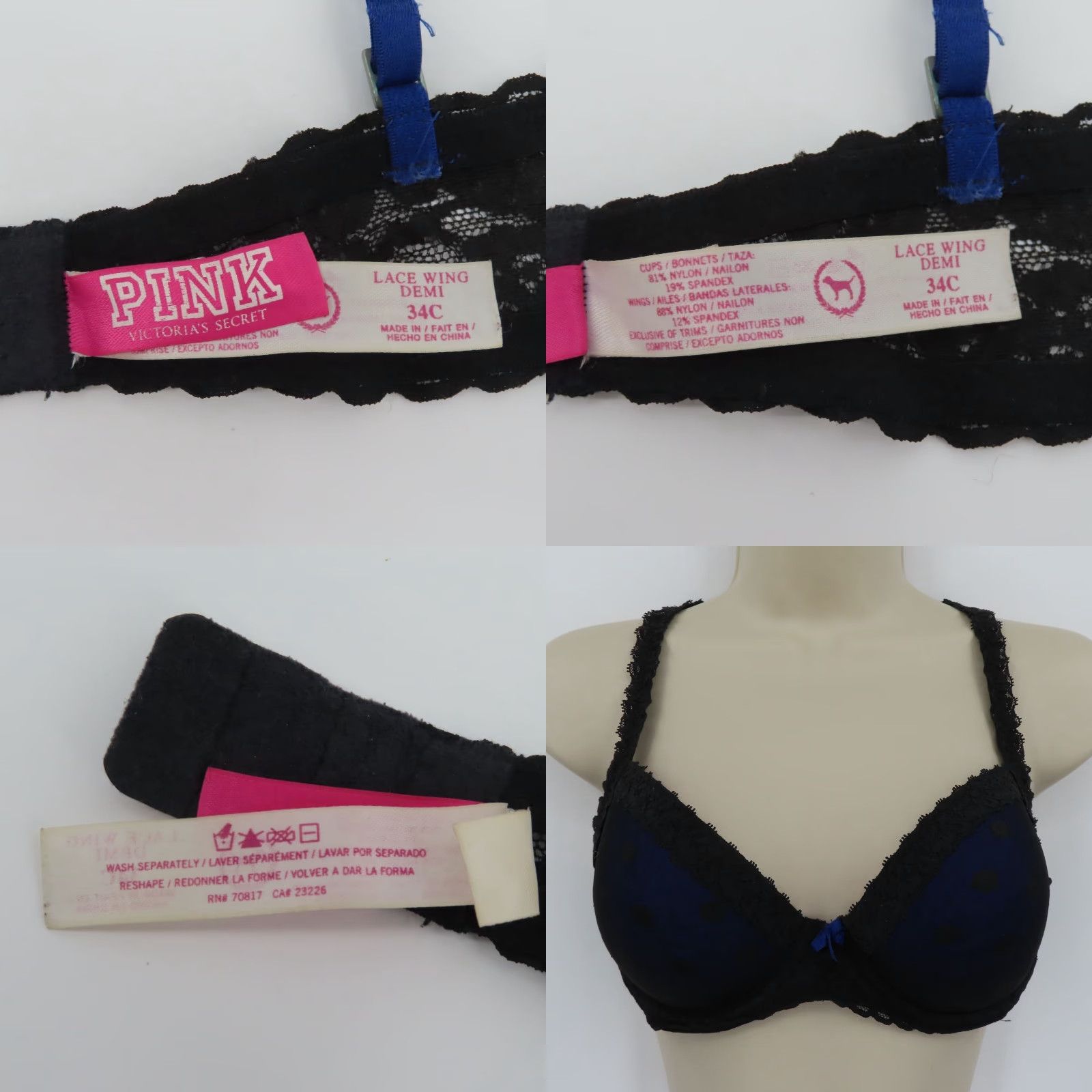 Victoria's Secret PINK Victoria's Secret Bra Demi Underwired Lace Wing 34C Black Polka Dot Dotted Wired Adjustable Straps 34 Cup C Women) Size ONE SIZE - 9 Thumbnail