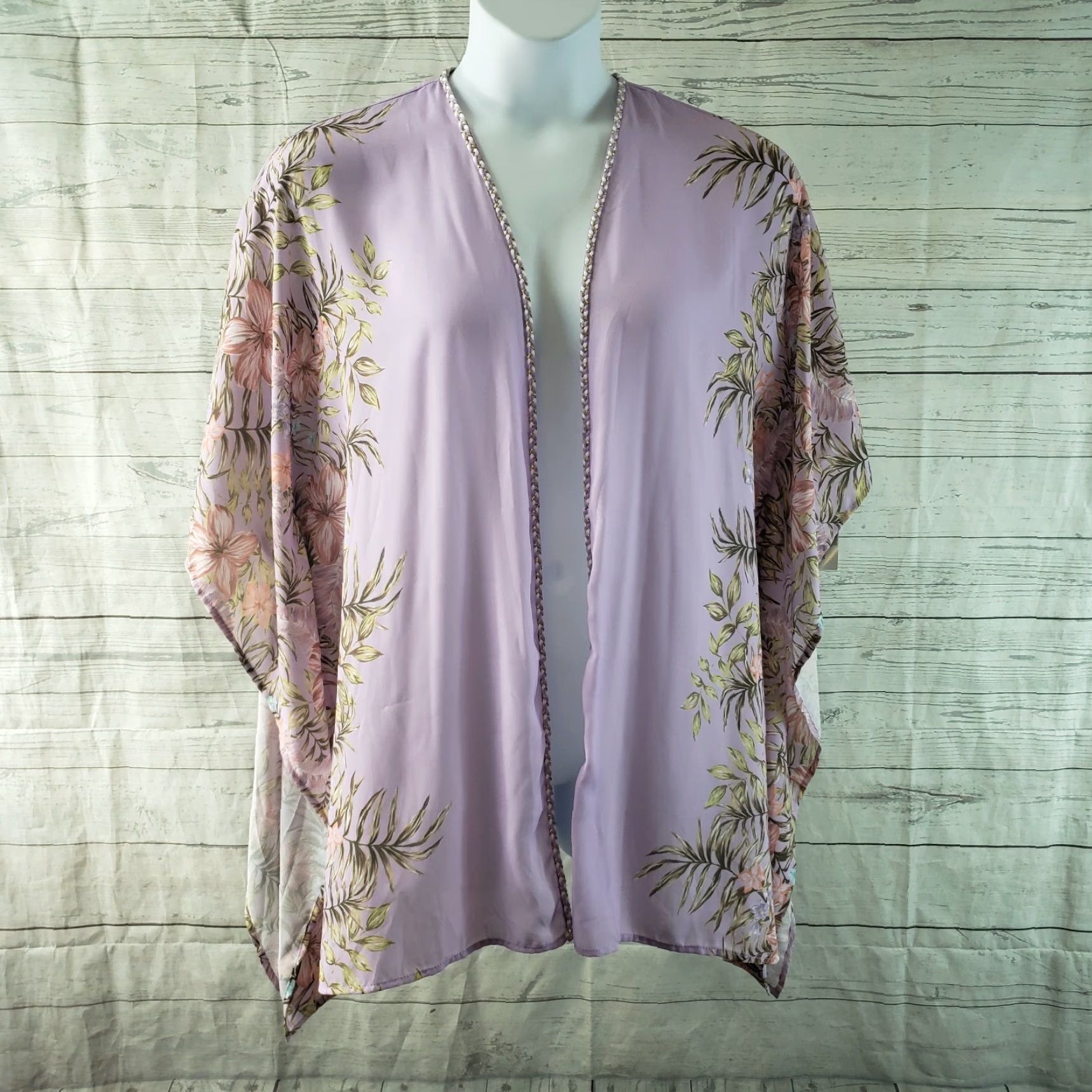 Vintage Catherines Kimono Womens Sz 0X-1X Purple Pink Floral Open Front Size XL / US 12-14 / IT 48-50 - 2 Thumbnail