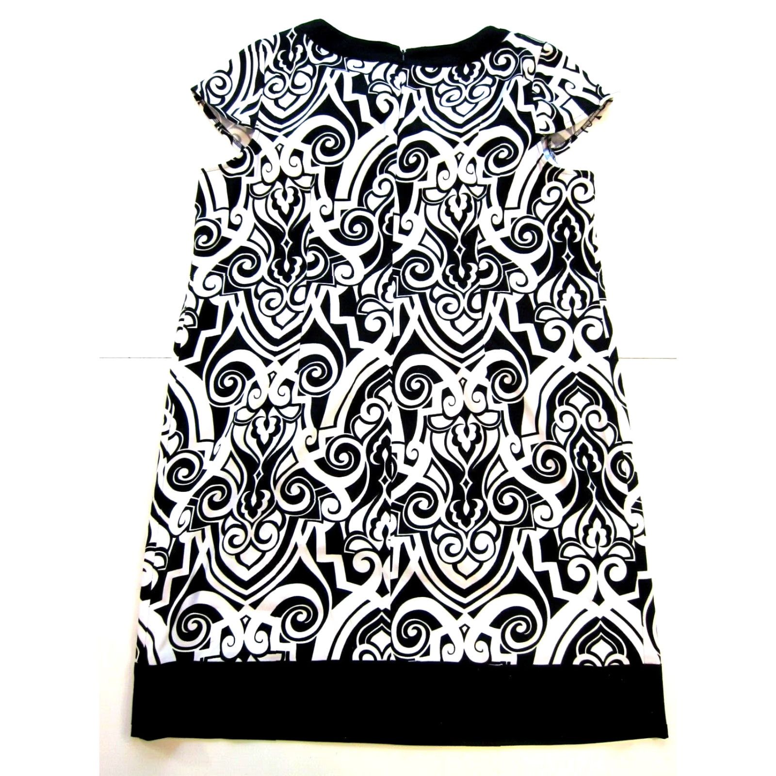 London Times Black White Floral Bow Short Sleeve Tunic Sheath Dress Woman 18