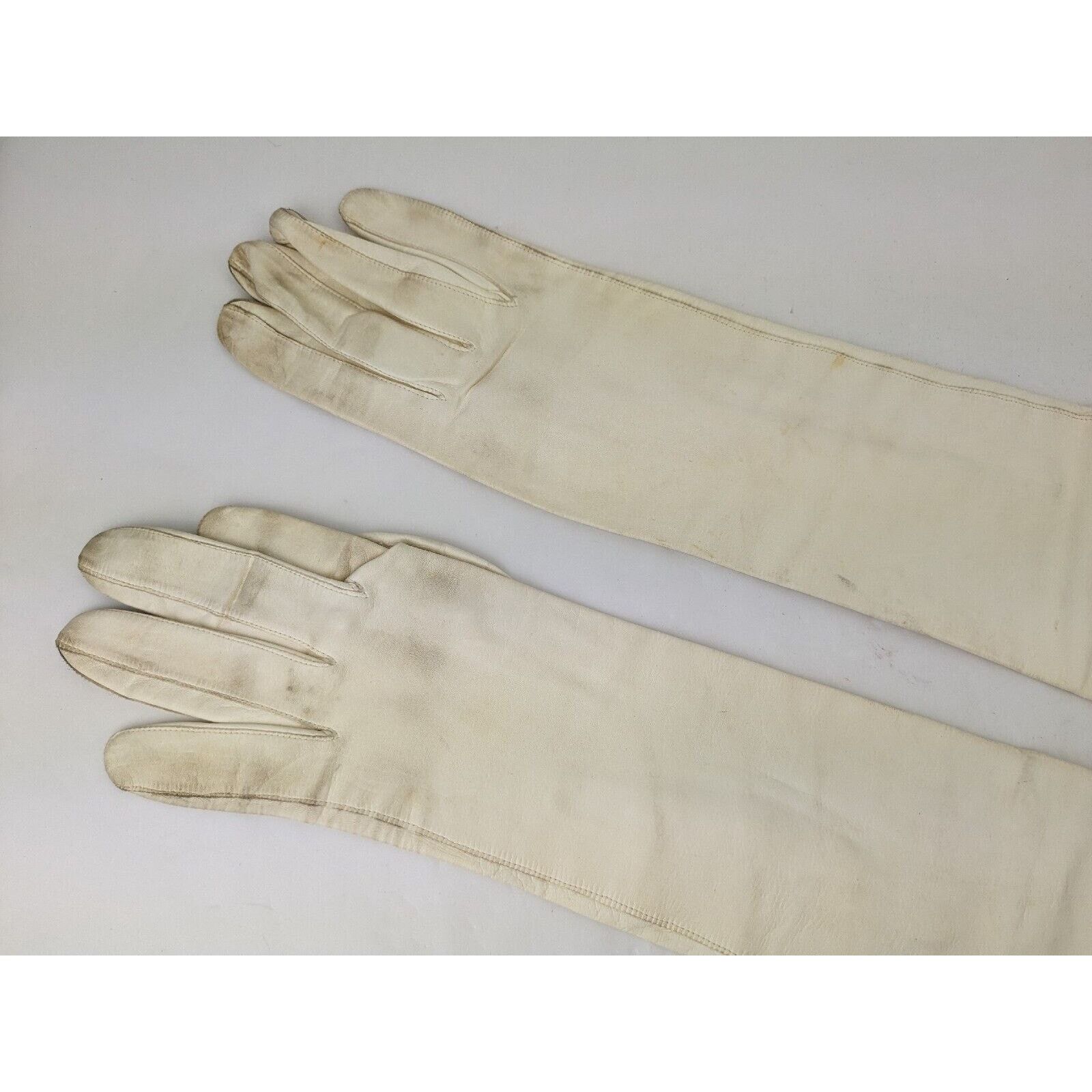 Other Vtg L Bamberger Kid Leather 21.5" Length Gloves Pearl ITALY Size ONE SIZE - 6 Thumbnail