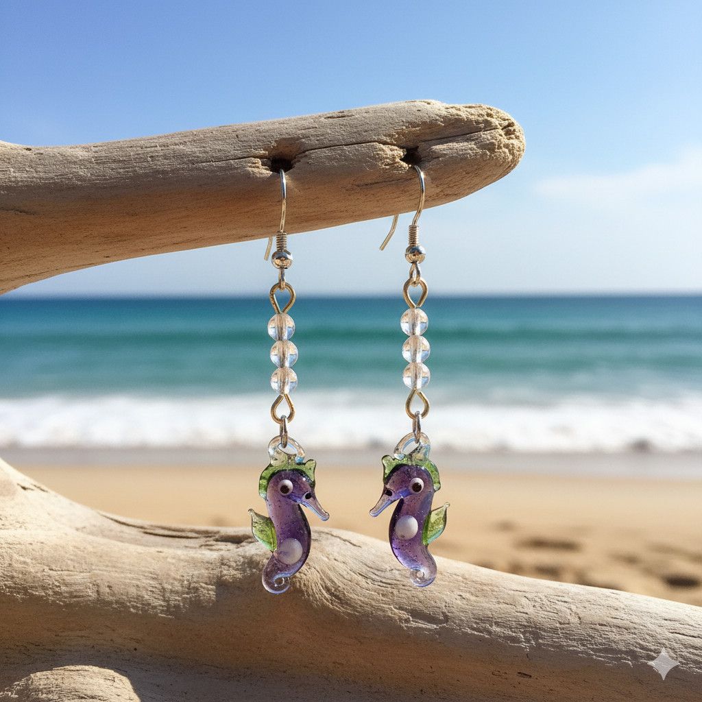 Handmade Glass Seahorse Earrings Artisan Clear Purple Green Sea Size ONE SIZE - 4 Thumbnail