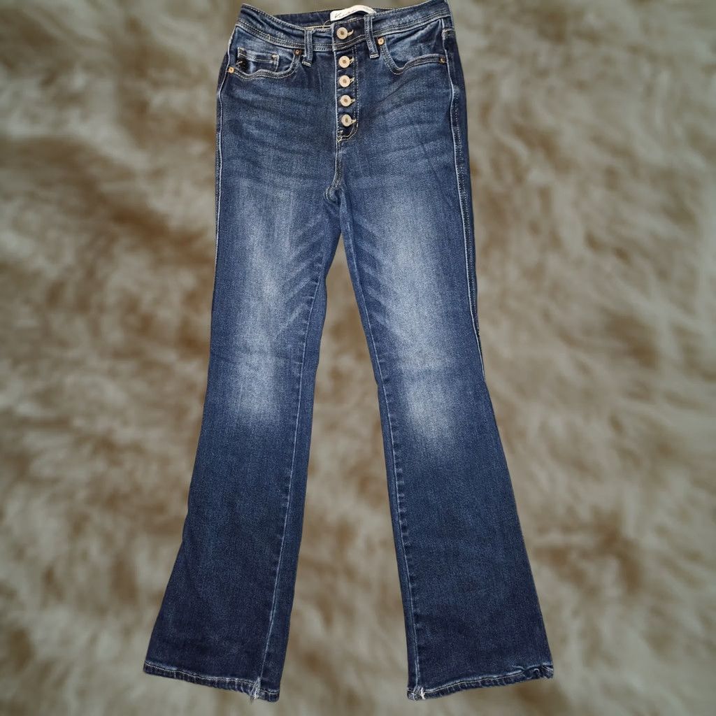 Vintage Kancan Bootcut Jeans Juniors 25 Blue Mid Rise Stretch Preppy Retro Regular Distressed Pockets Button Fly Zipper Denim 29.5 Inseam Womens Size 42" / US 20 - 1 Thumbnail